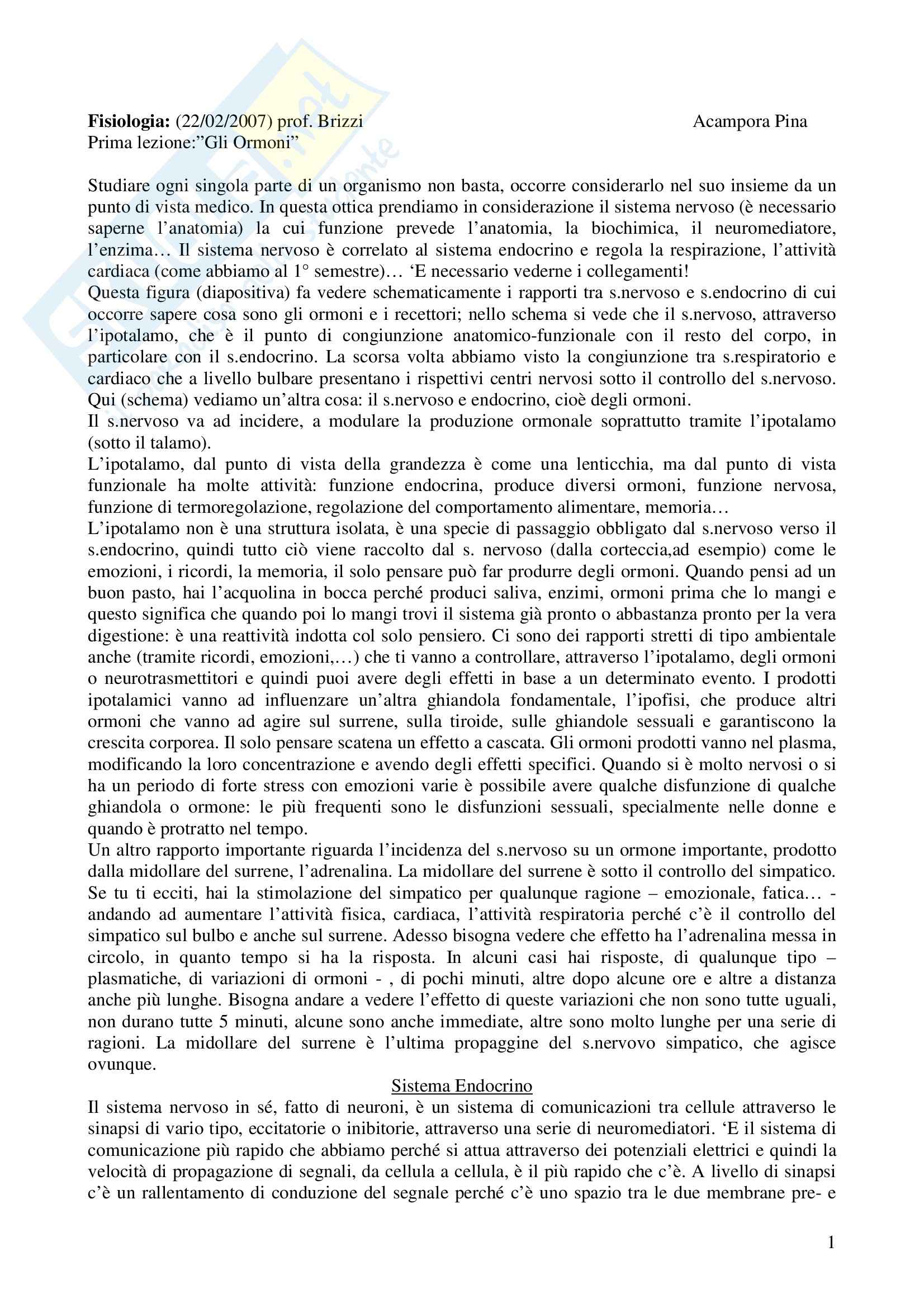 Fisiologia e biofisica - gli ormoni Pag. 1