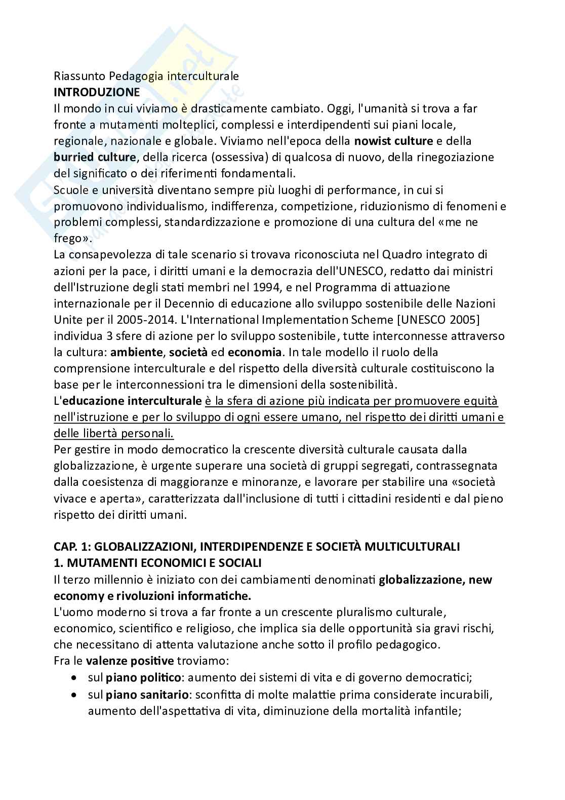 Riassunto esame Pedagogia interculturale, Prof. D'aprile Gabriella, libro consigliato Educazione e pedagogia interculturale, Portera  Pag. 1