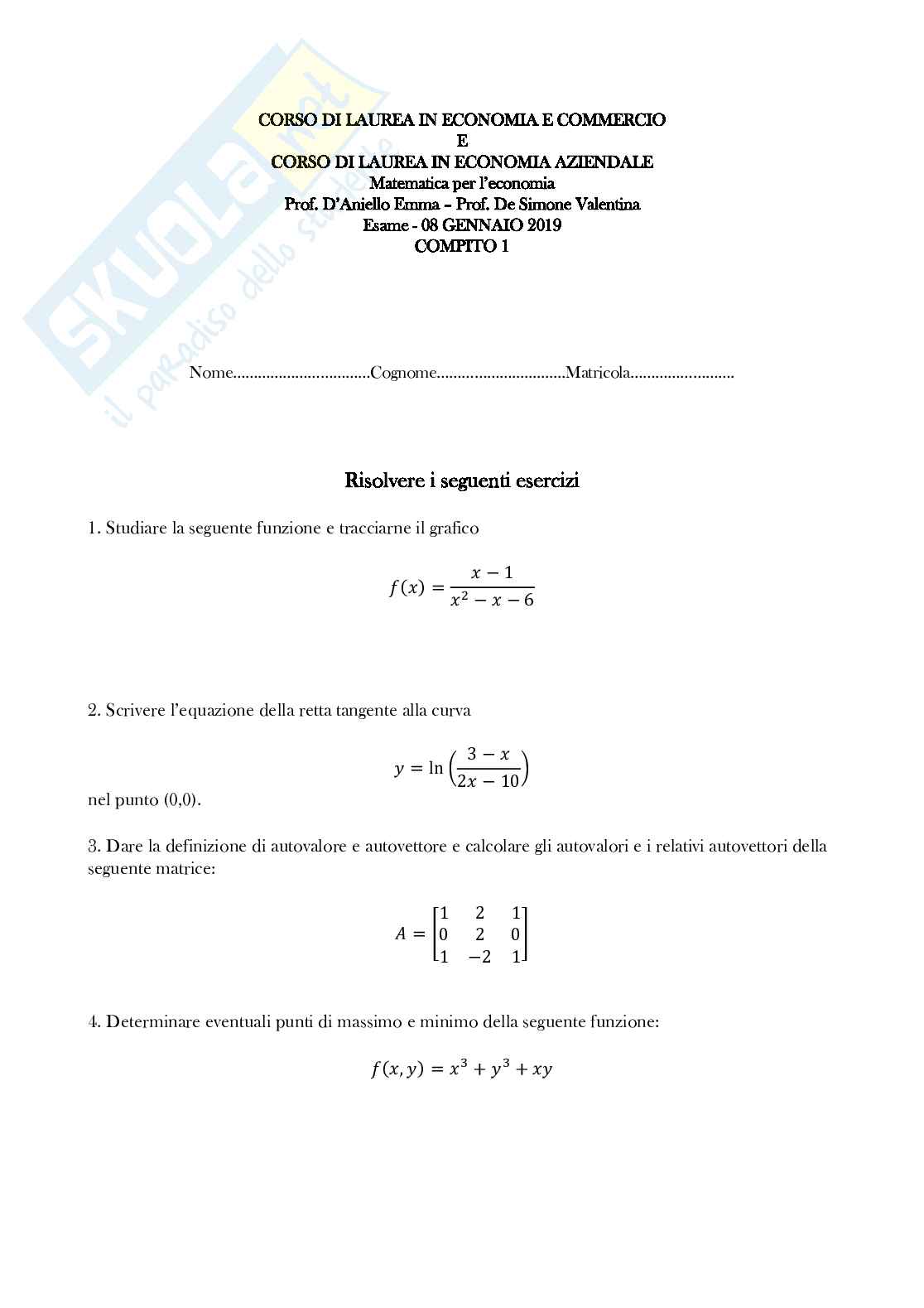 Matematica per l'economia, prova d'esame svolta, appello 8-gennaio-2019