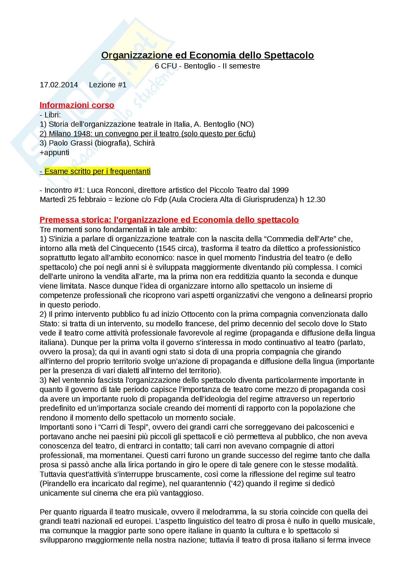 Organizzazione ed Economia dello Spettacolo - Appunti Pag. 1