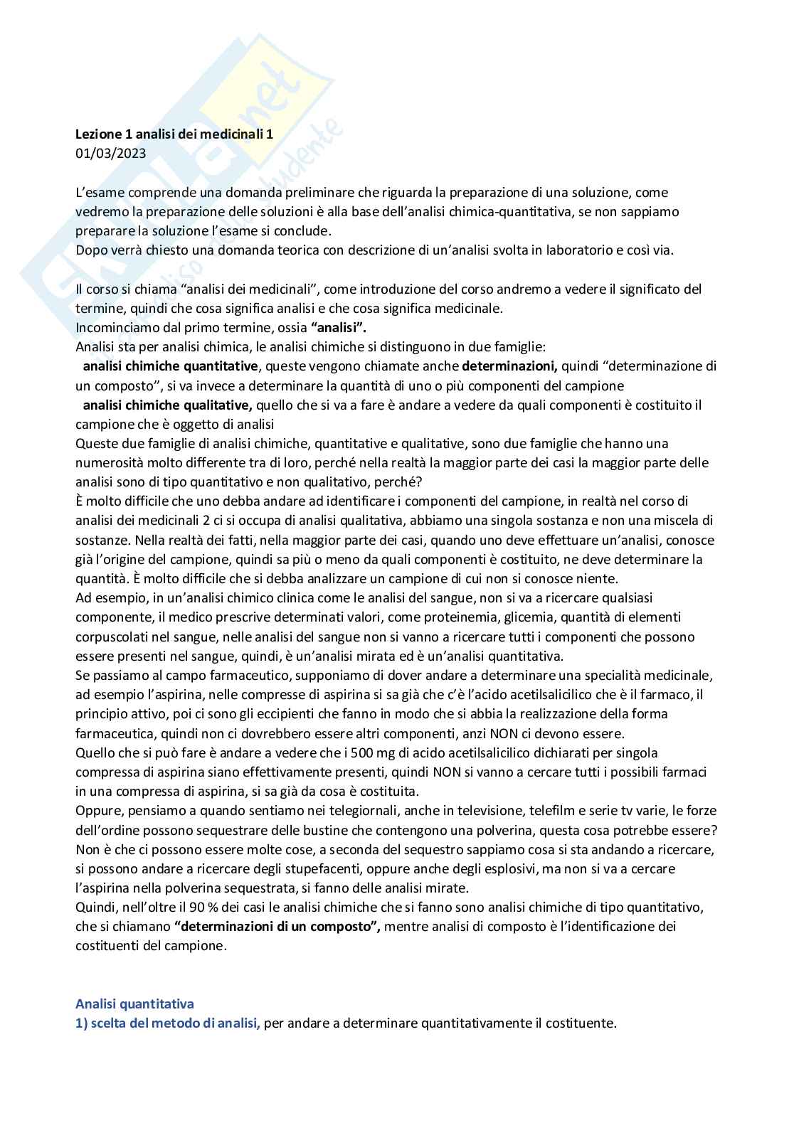Analisi dei medicinali 1 - parte 1 di 5 Pag. 1