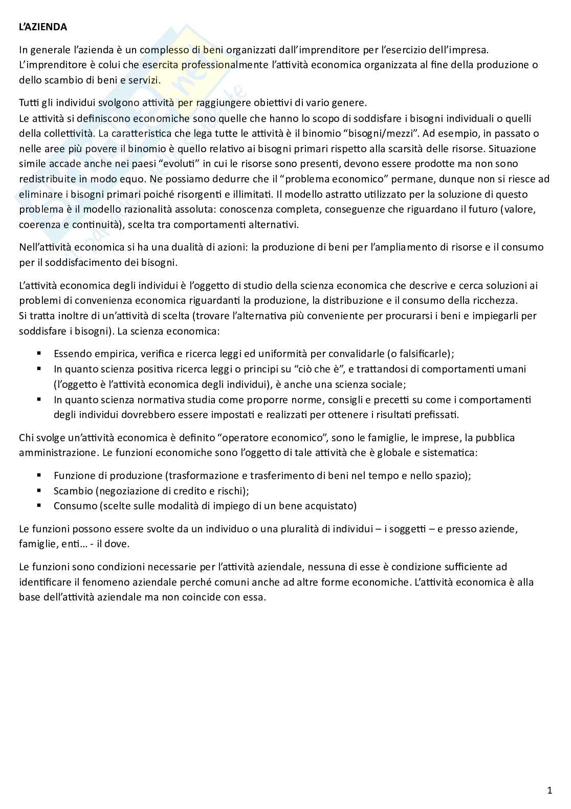 Riassunto esame Economia aziendale I, Prof. Iacoviello Giuseppina, libro consigliato Introduzione all'economia aziendale, Luciano Marchi Pag. 1