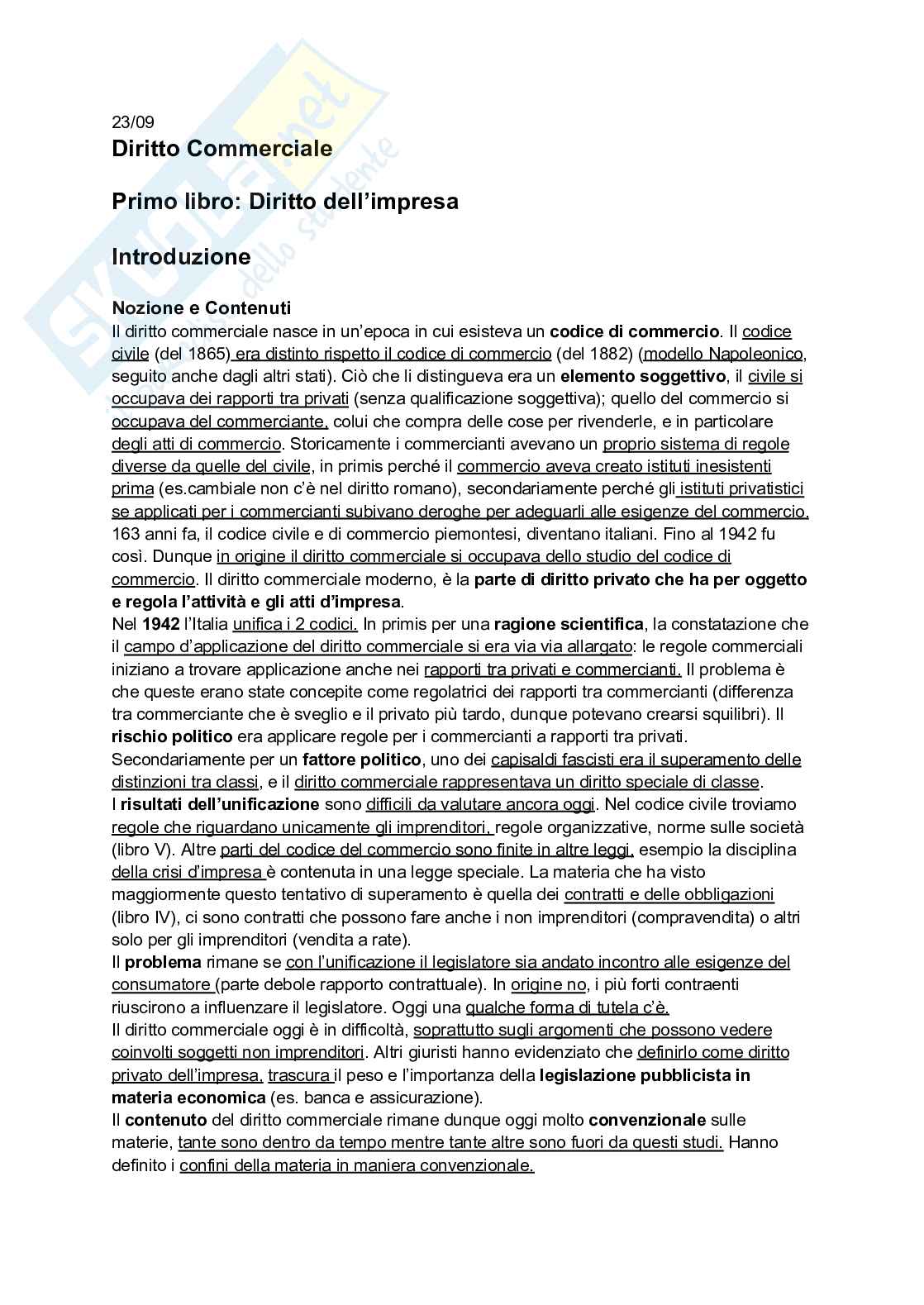 Riassunto esame Diritto commerciale, Prof. Guccione Alessandro Valerio, libro consigliato Diritto commerciale, Campobasso Pag. 1