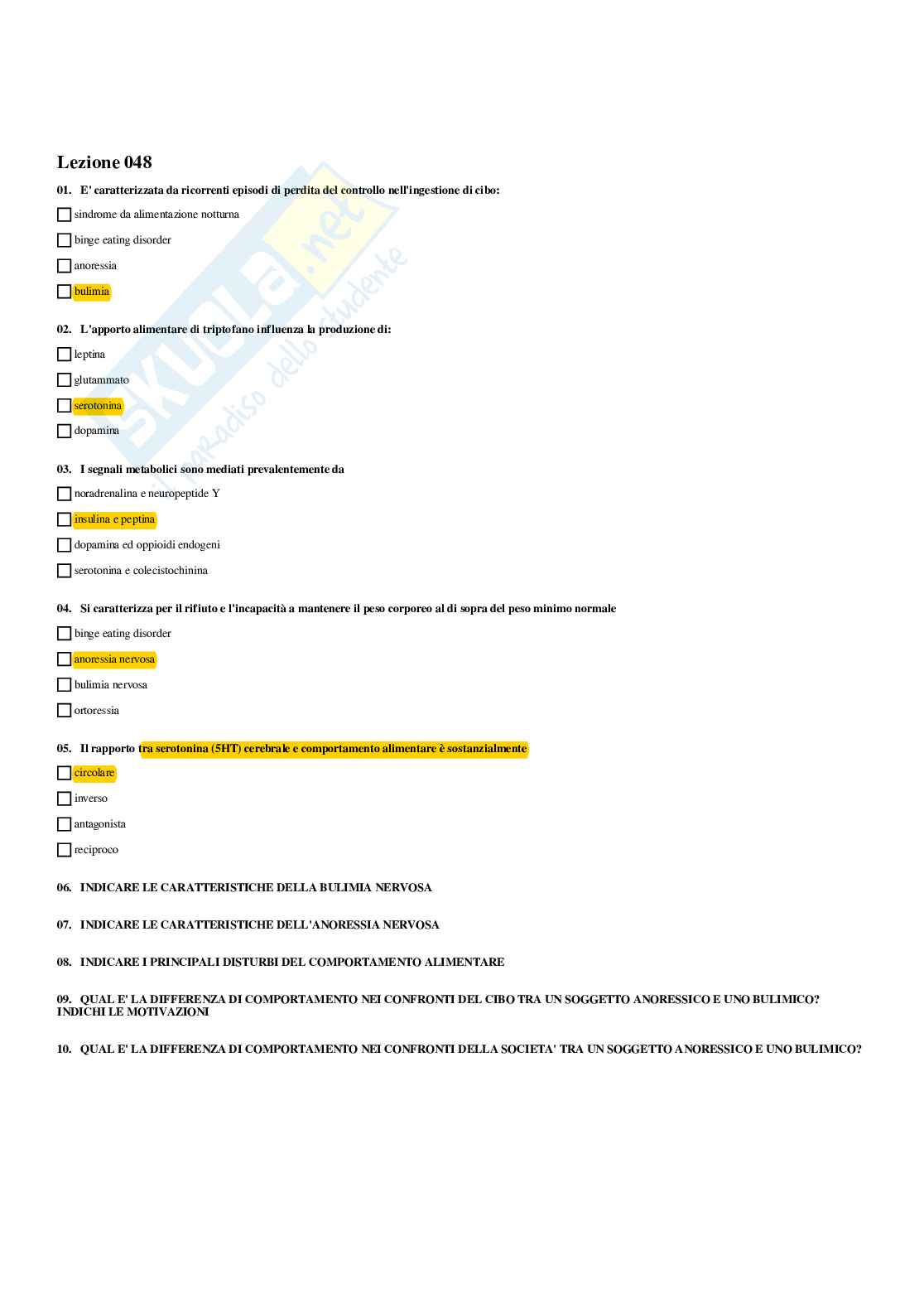 Paniere Fisiologia (2026) - Risposte multiple corrette Pag. 71