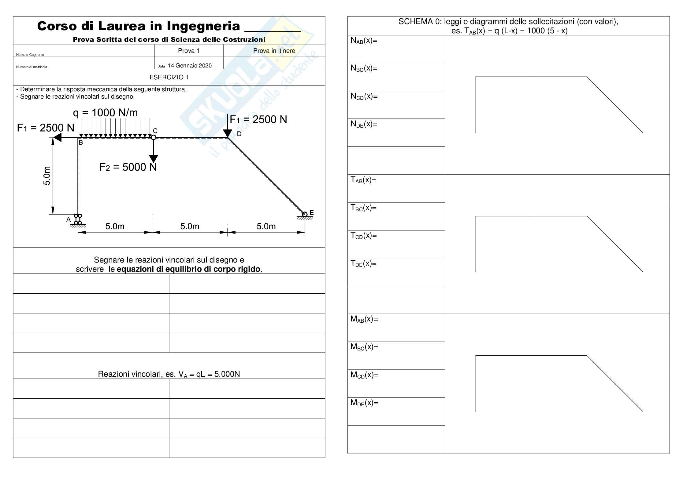 Prima prova esame e soluzioni di Scienza delle costruzioni Pag. 1