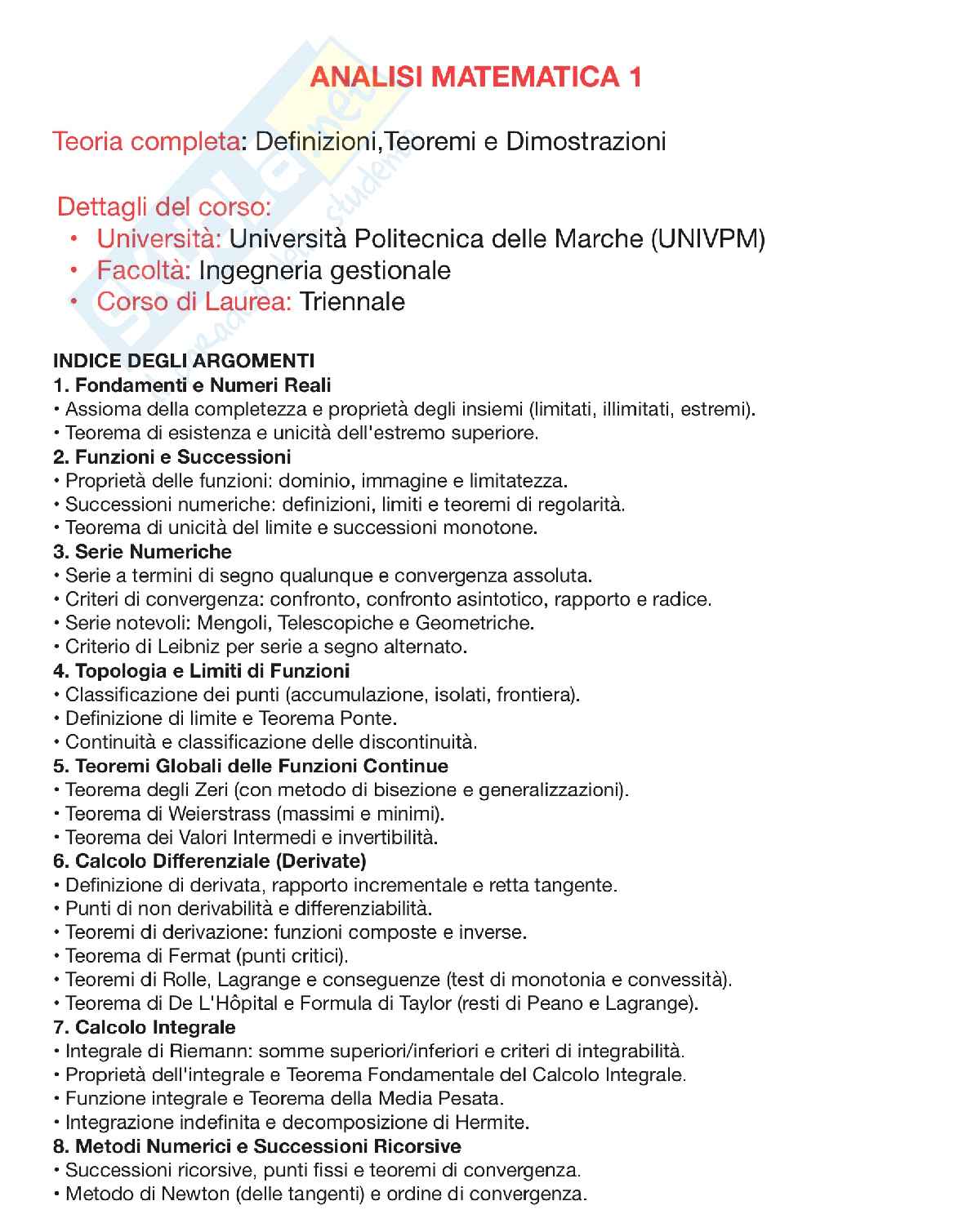 Analisi 1 - Teoria: teoremi e definizioni di tutto il programma  Pag. 1