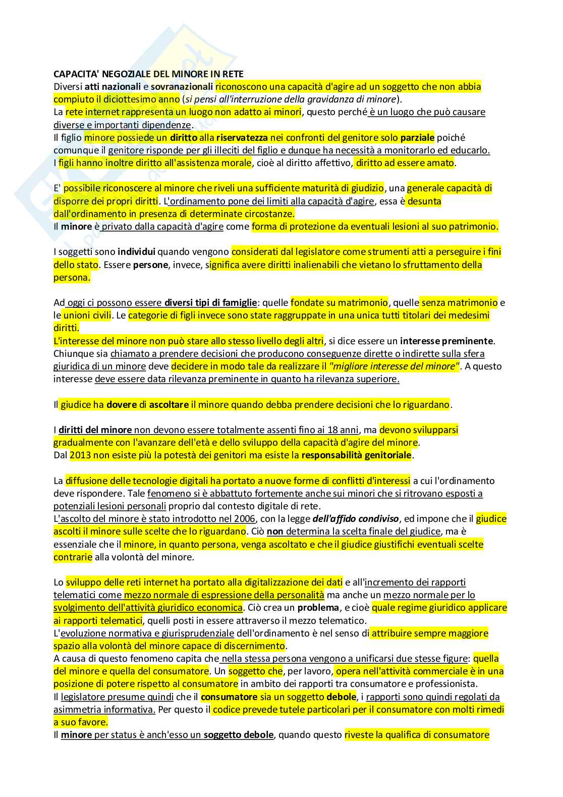 Capacità  negoziale del minore in rete Pag. 1