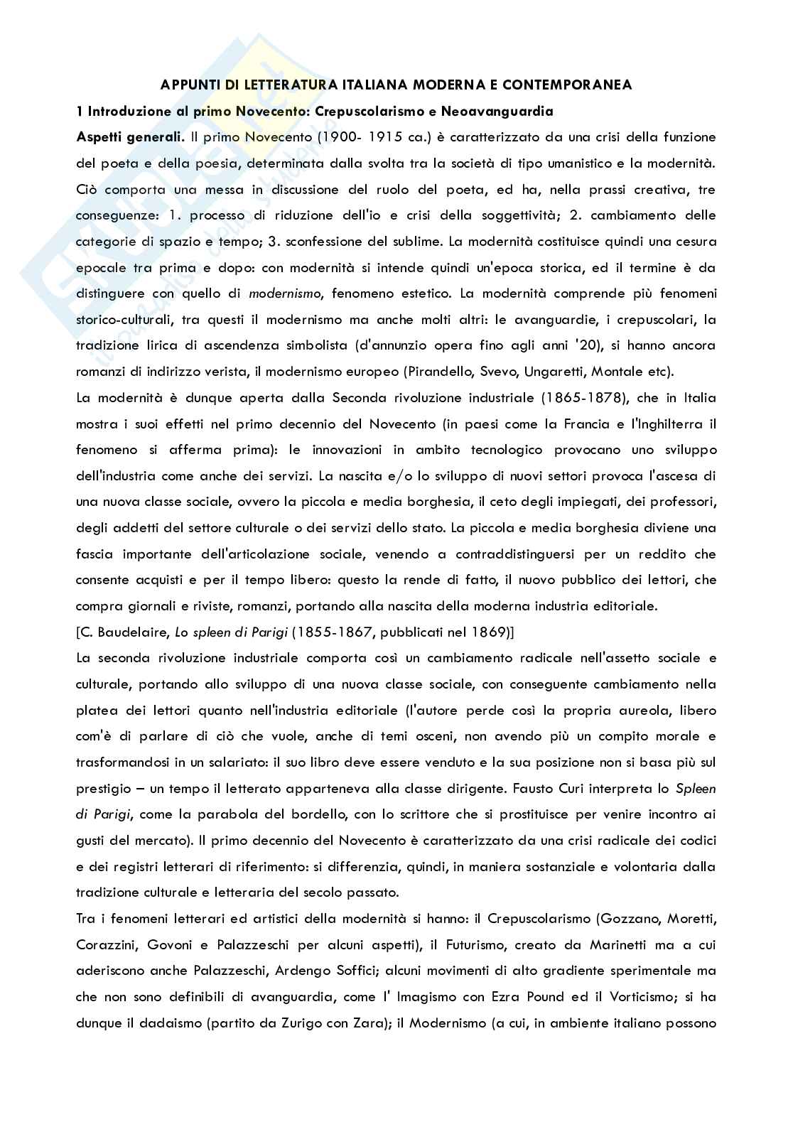 Appunti  Letteratura italiana moderna e contemporanea (Neosperimentalismo e Neoavanguardia) Pag. 1