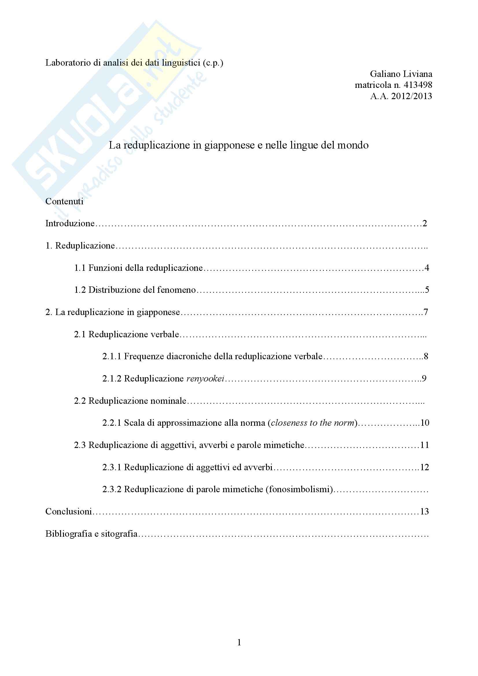 Laboratorio di analisi di dati linguistici - reduplicazione in giapponese e nelle lingue del mondo Pag. 1