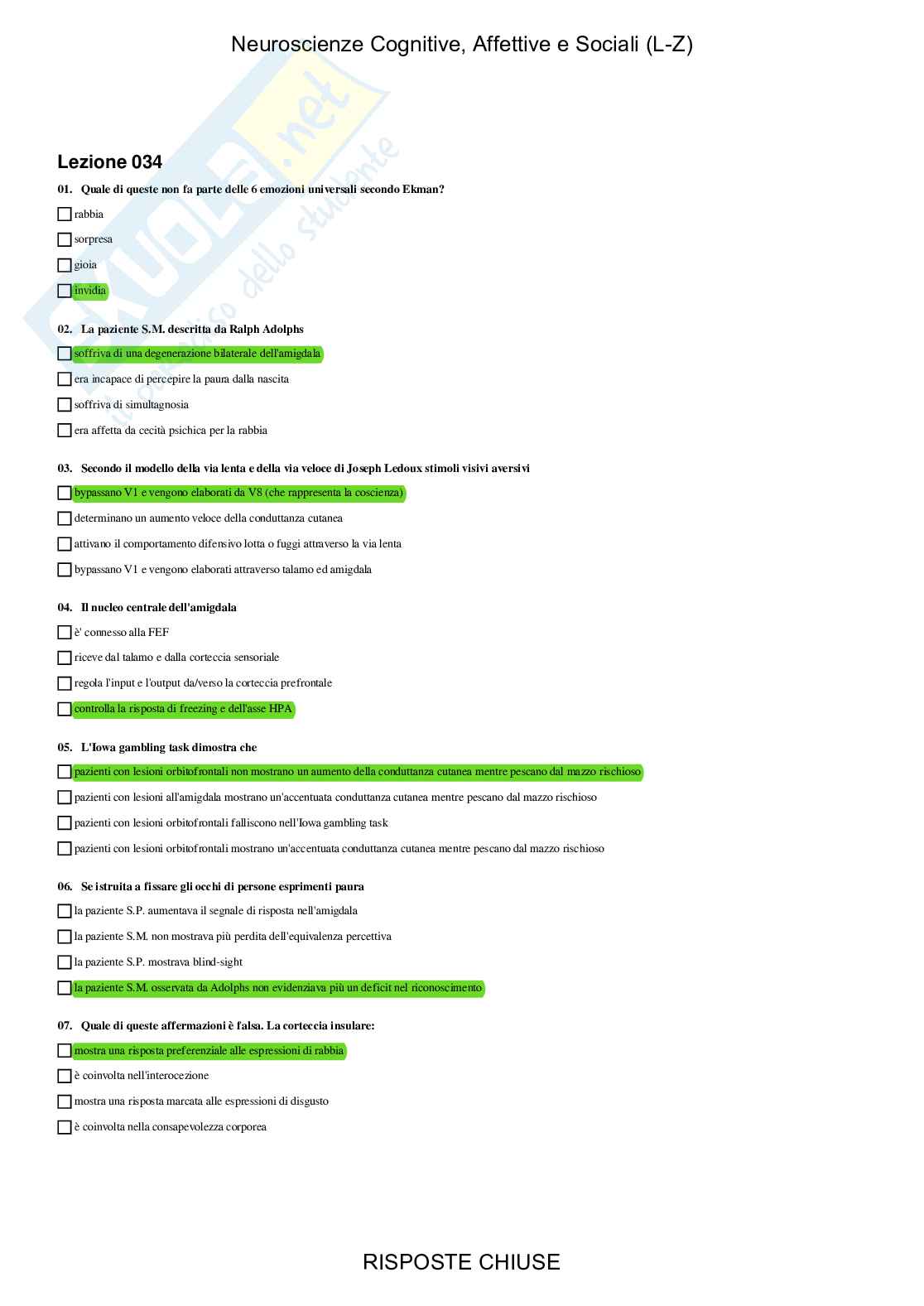 Neuroscienze cognitive, affettive e sociali LZ - Paniere compilato Pag. 71