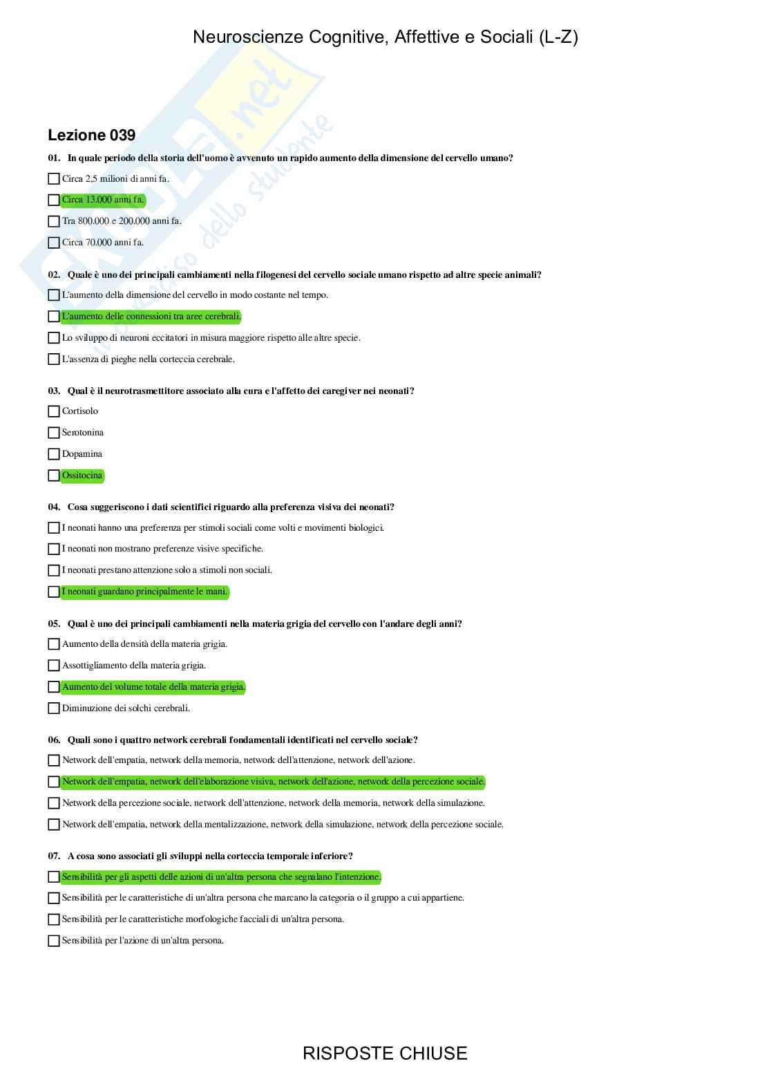 Neuroscienze cognitive, affettive e sociali LZ - Paniere compilato Pag. 81