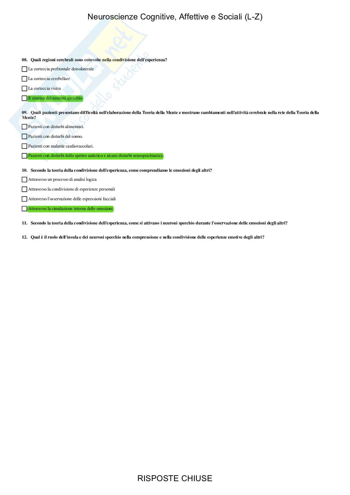 Neuroscienze cognitive, affettive e sociali LZ - Paniere compilato Pag. 86