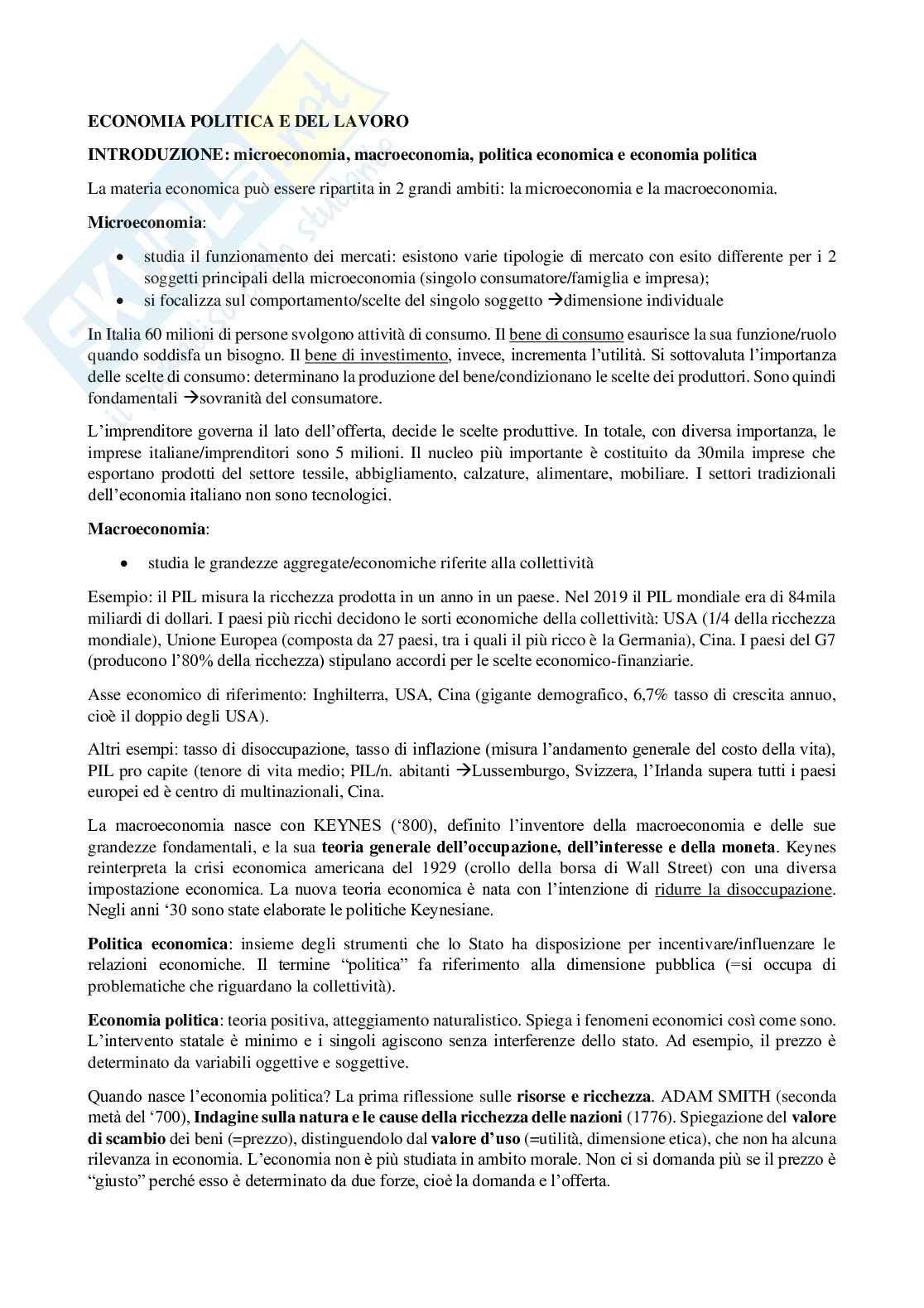 Economia politica e del lavoro Pag. 1