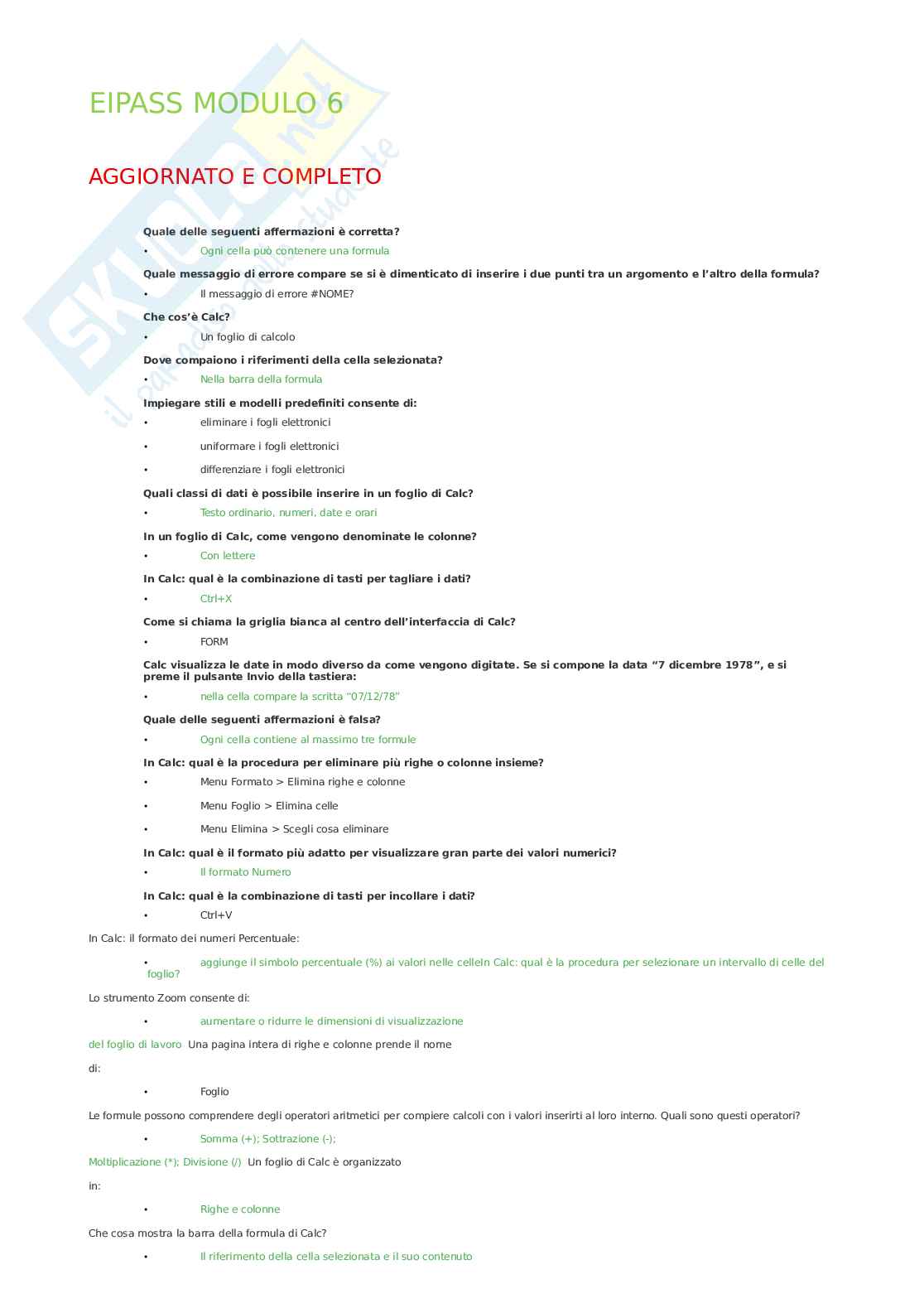 Eipass Modulo 6 : fondamenti di calcolo e utilizzo delle formule (Excel foglio di calcolo) + domande inedite Pag. 1