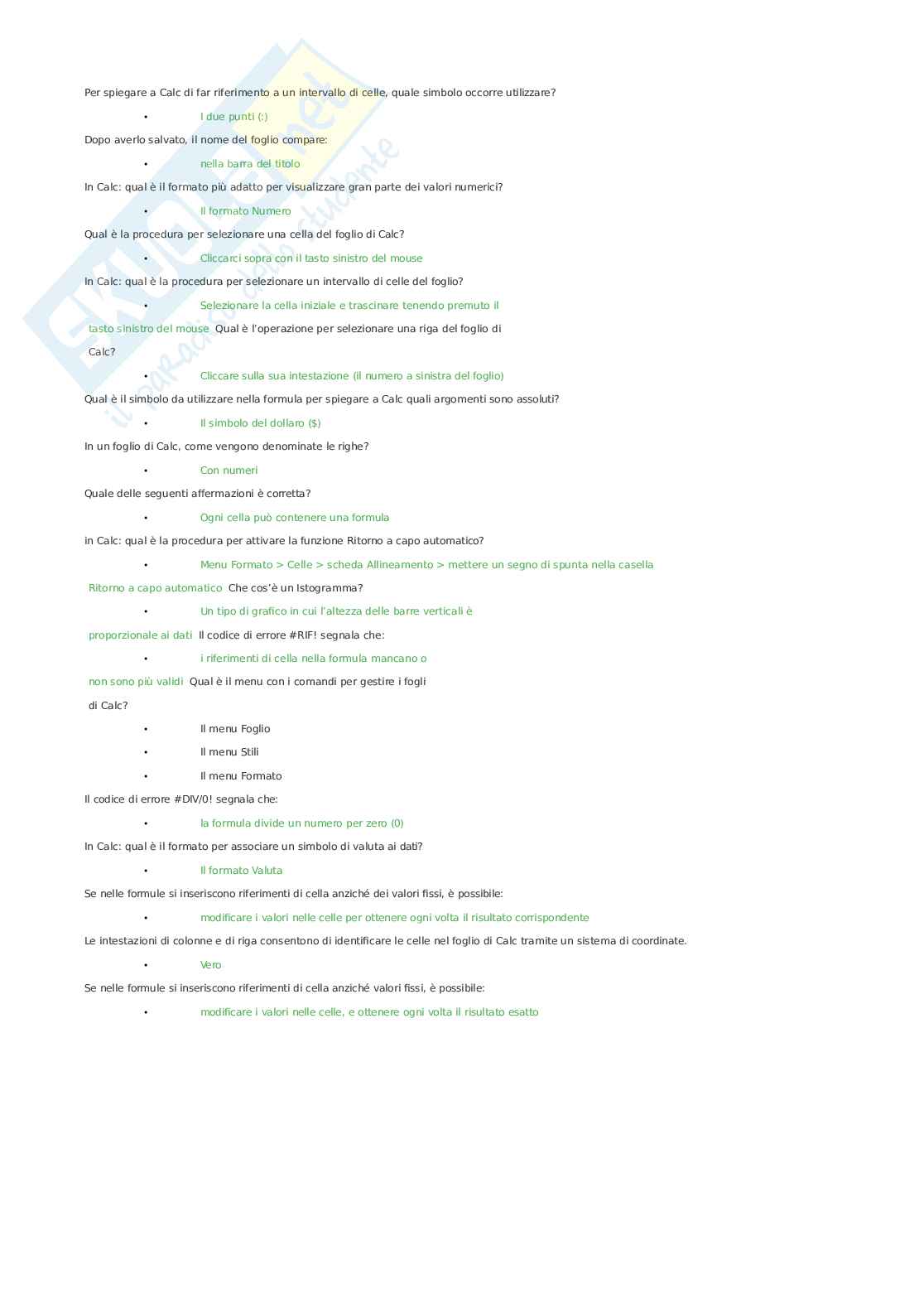 Eipass Modulo 6 : fondamenti di calcolo e utilizzo delle formule (Excel foglio di calcolo) + domande inedite Pag. 6