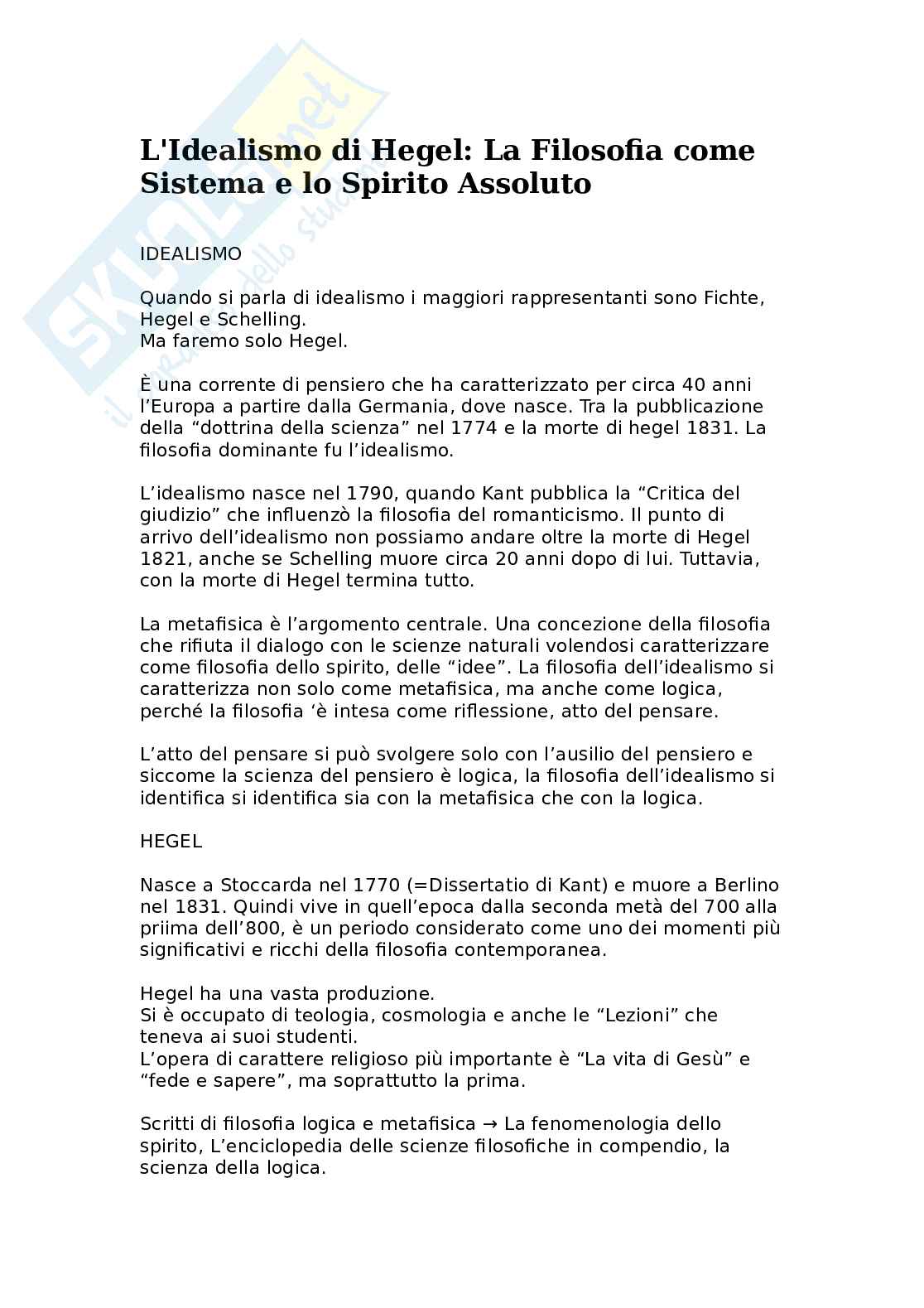 L'idealismo di Hegel: la filosofia come sistema e lo Spirito assoluto Pag. 1
