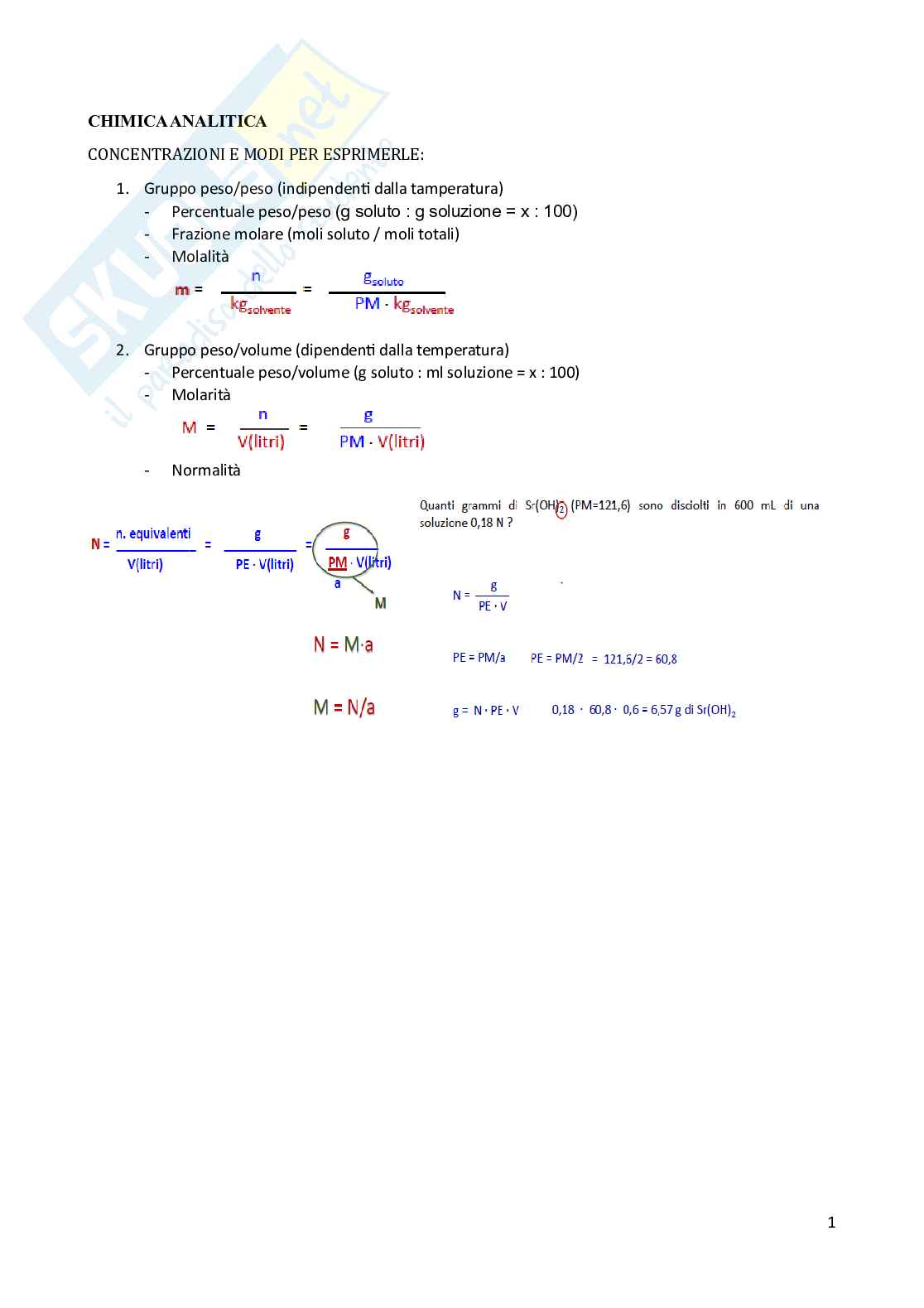 Riassunto esame Chimica analitica, Prof. Meli Maria Assunta, libro consigliato Fondamenti di chimica analitica , Skoog, West Pag. 1
