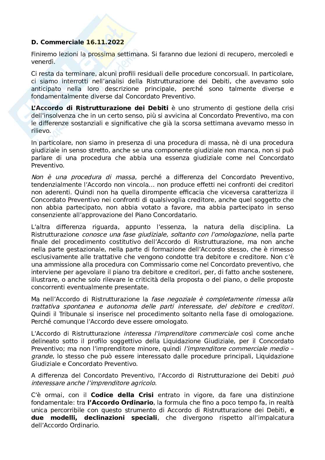 Appunti di lezione di Diritto commerciale sull’accordo di ristrutturazione dei debiti  Pag. 1