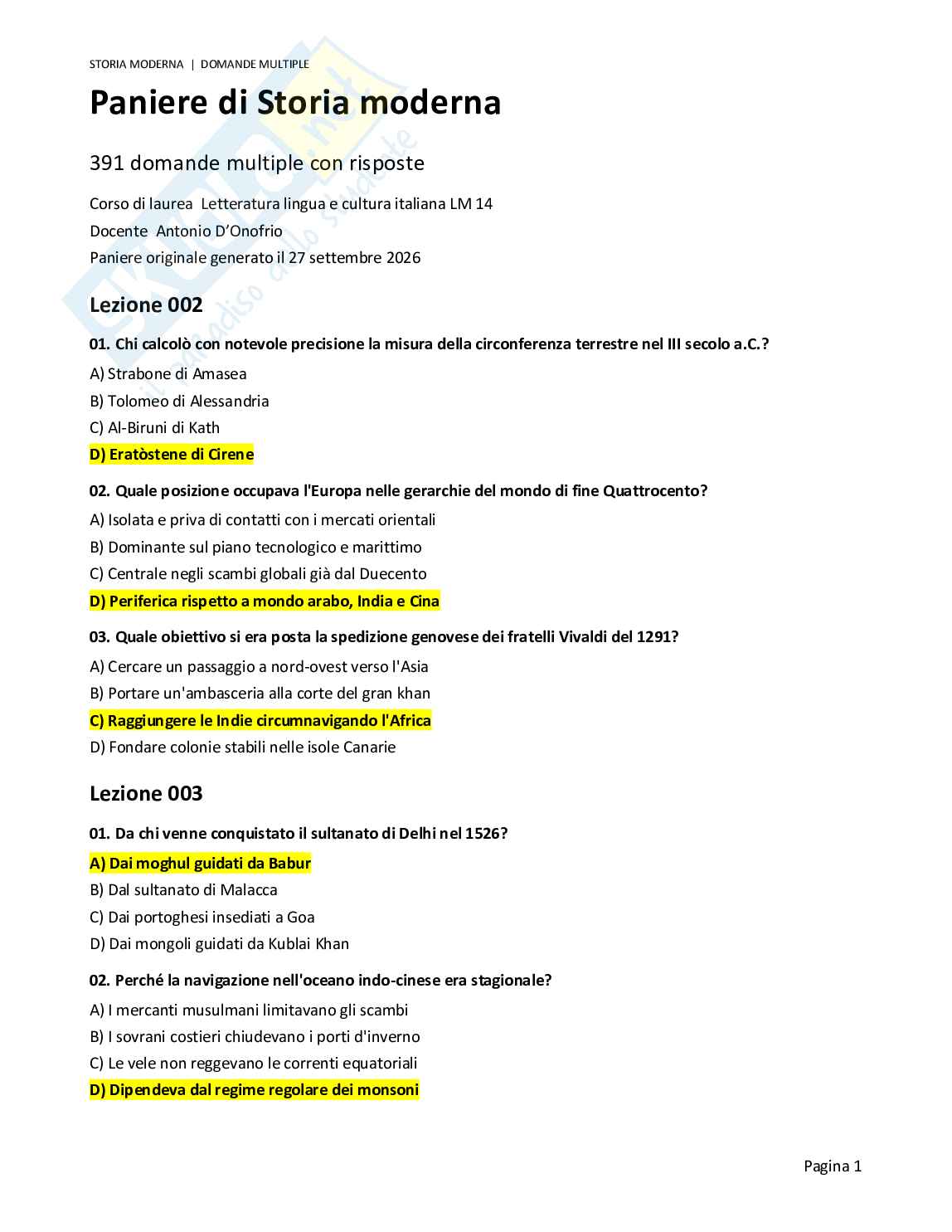 Quiz risolti Storia moderna, 2026 Pag. 1