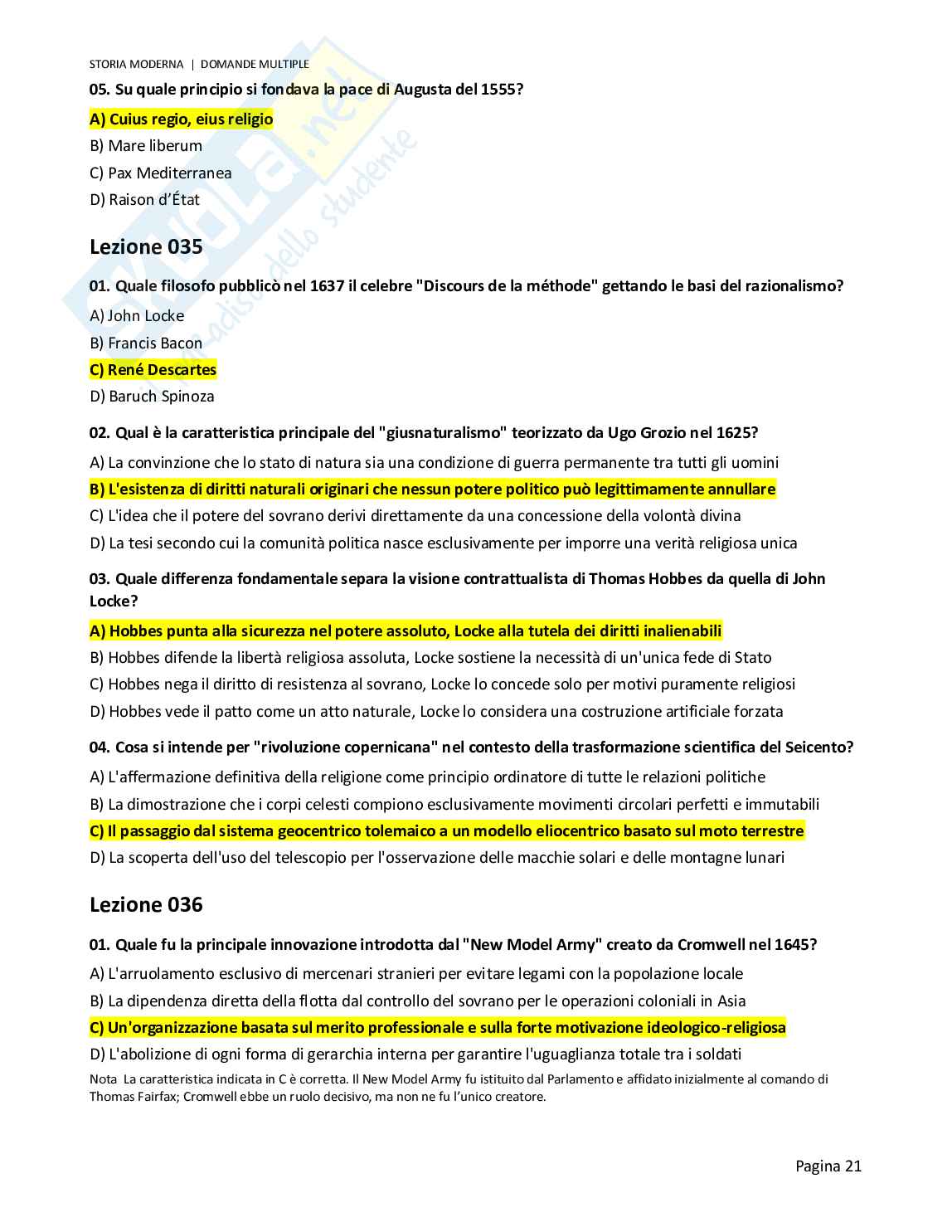 Quiz risolti Storia moderna, 2026 Pag. 21