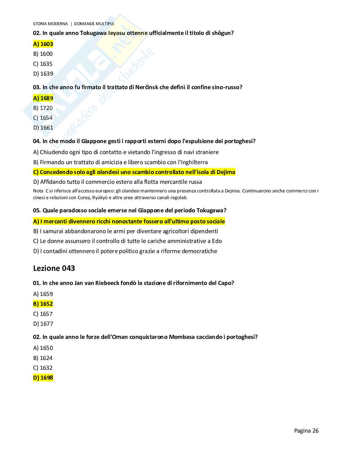 Quiz risolti Storia moderna, 2026 Pag. 26