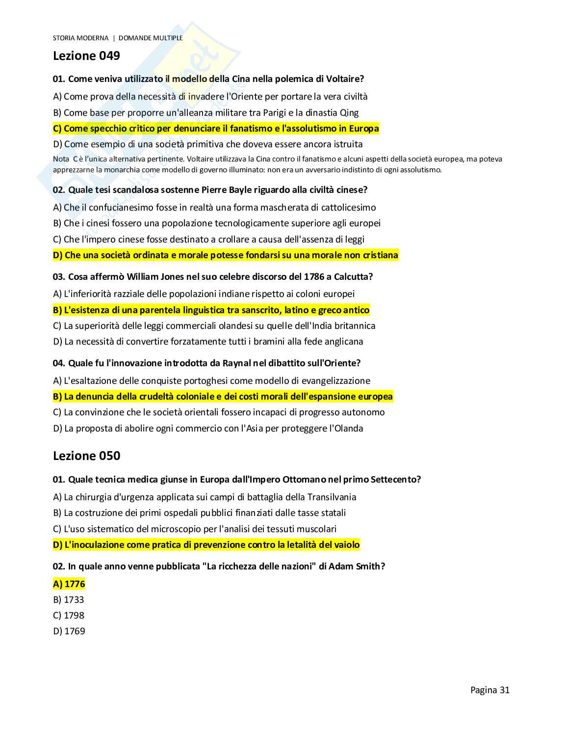Quiz risolti Storia moderna, 2026 Pag. 31