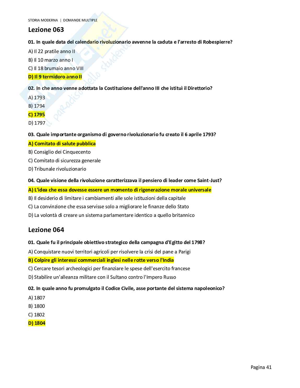 Quiz risolti Storia moderna, 2026 Pag. 41