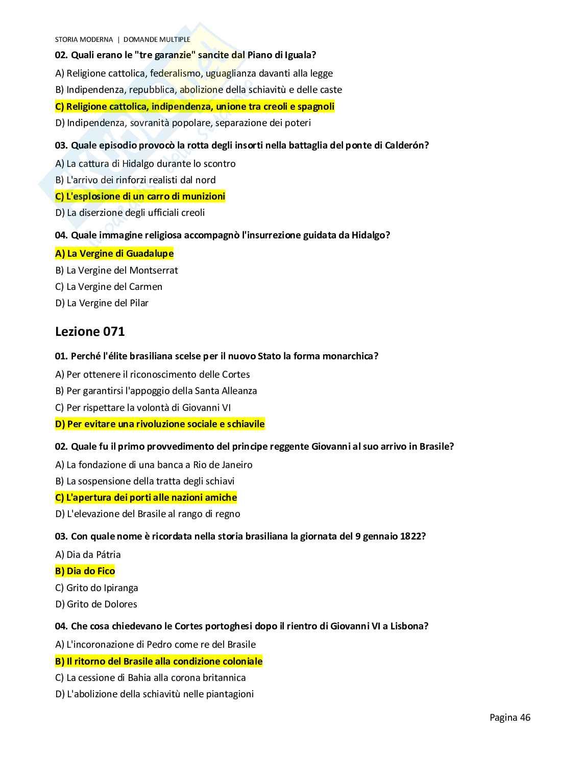 Quiz risolti Storia moderna, 2026 Pag. 46