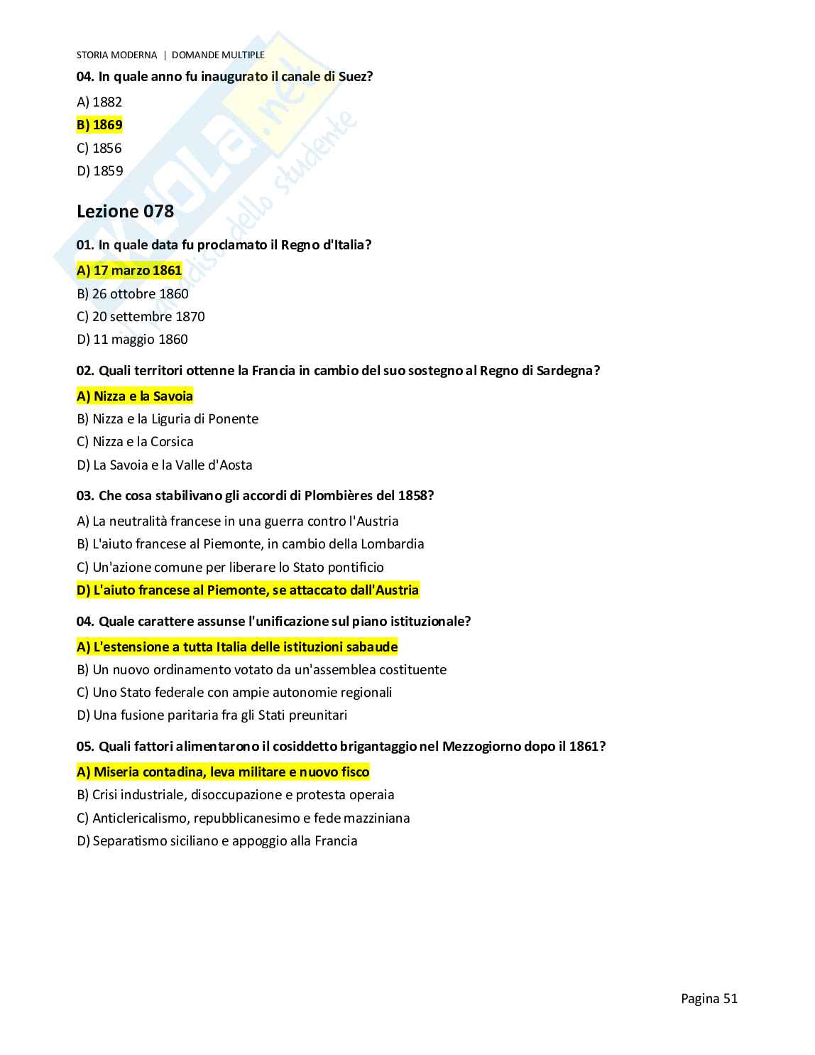 Quiz risolti Storia moderna, 2026 Pag. 51