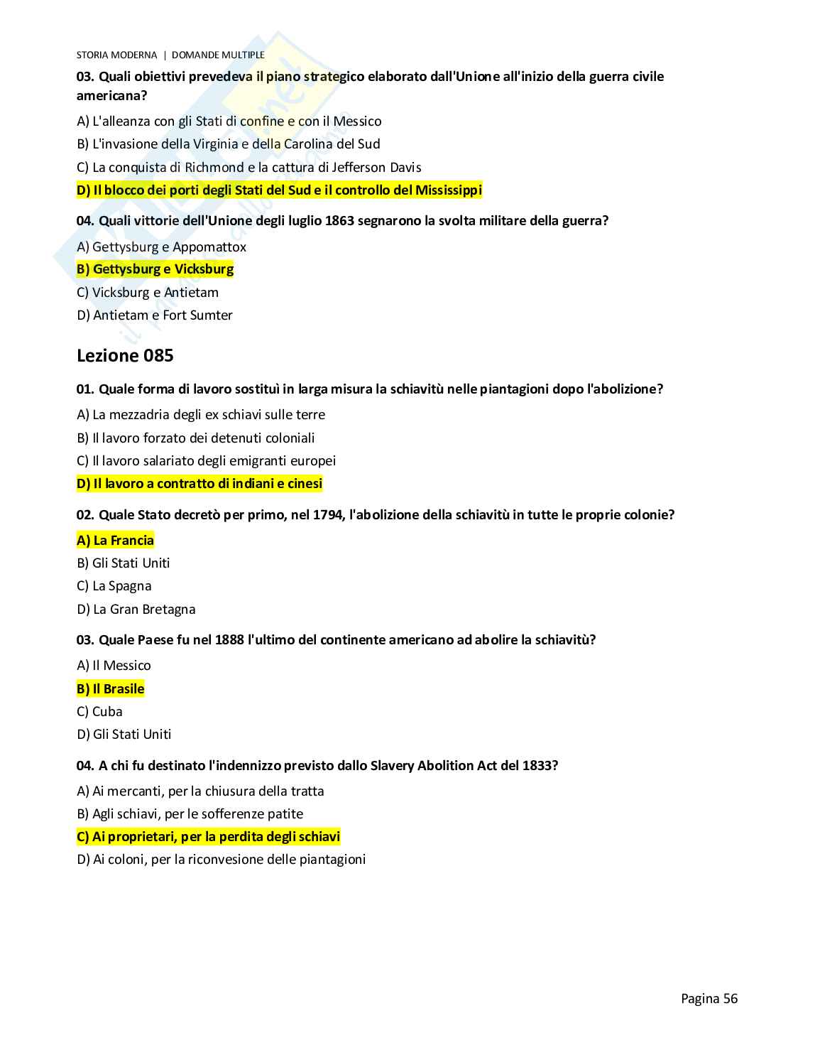 Quiz risolti Storia moderna, 2026 Pag. 56