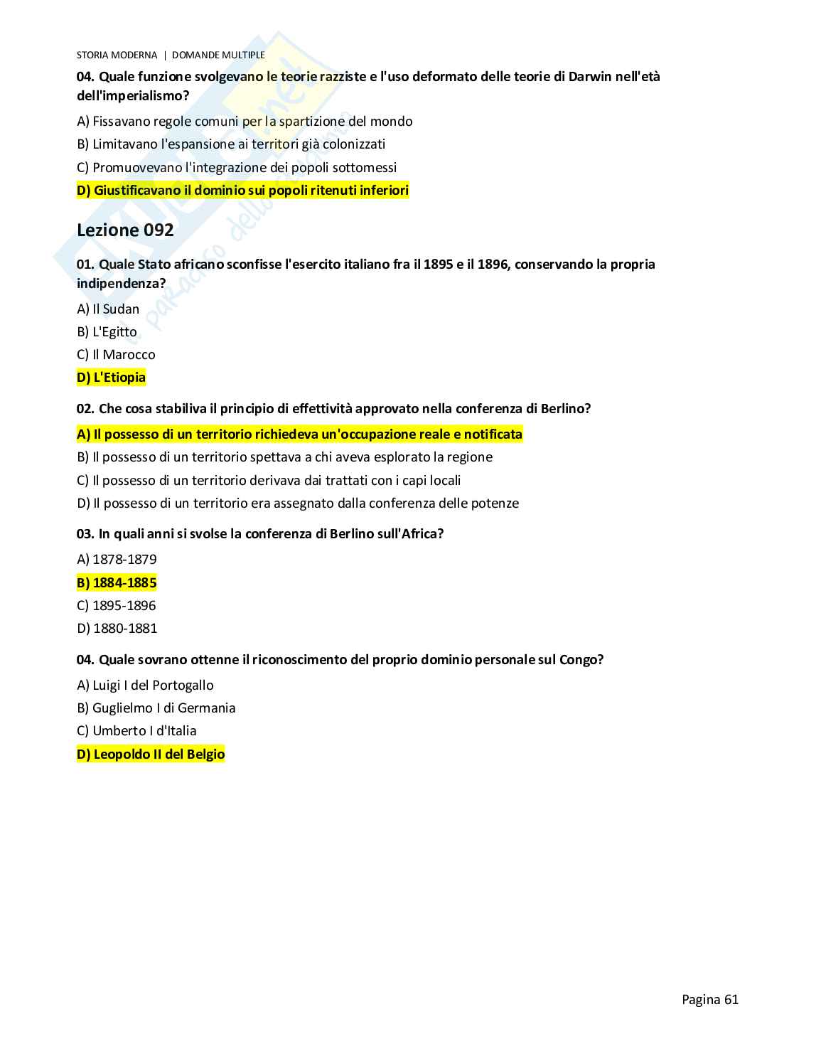 Quiz risolti Storia moderna, 2026 Pag. 61