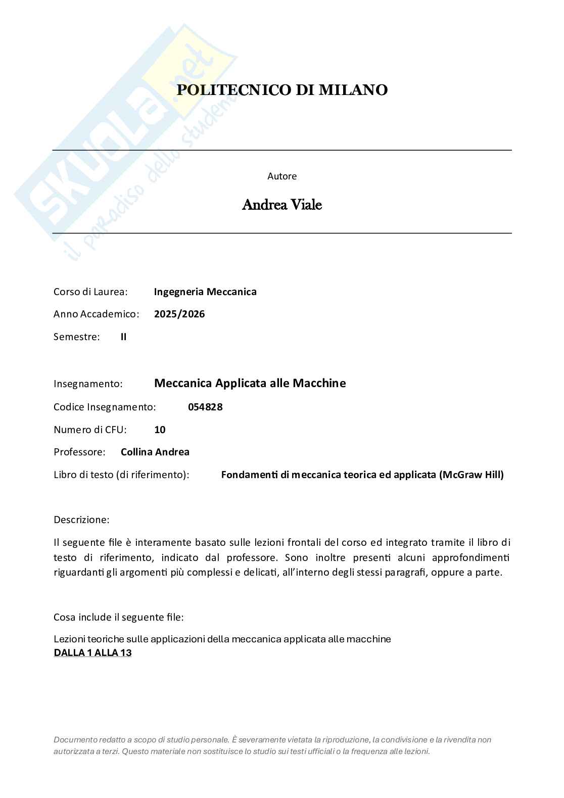 Appunti completi lezioni di Meccanica applicata alle macchine - Parte 1 Pag. 1