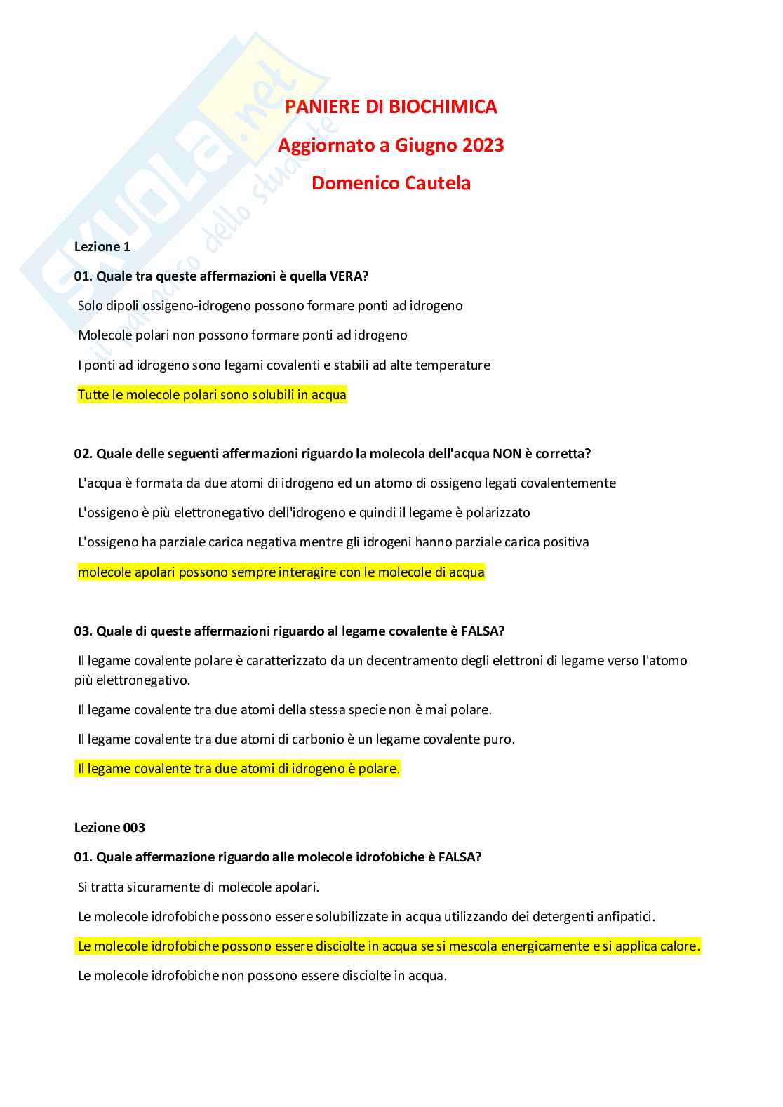Paniere di Biochimica Pag. 1