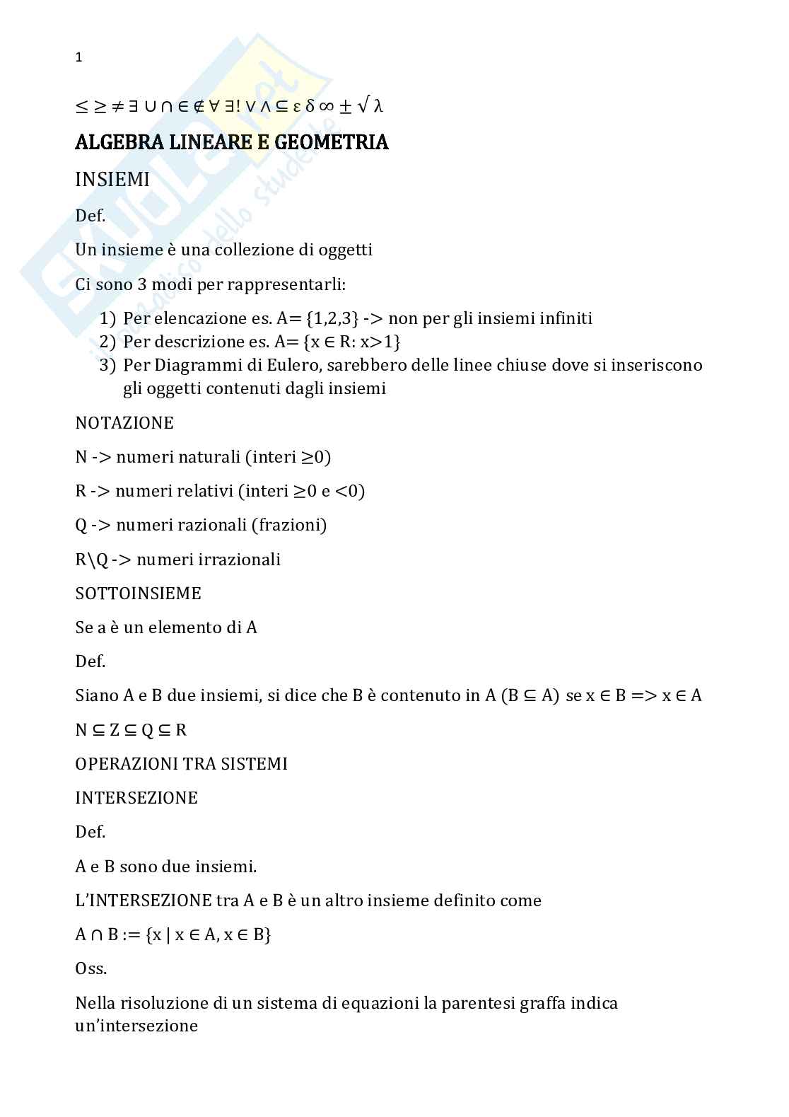 Algebra e geometria lineare - Parte 1 Pag. 1