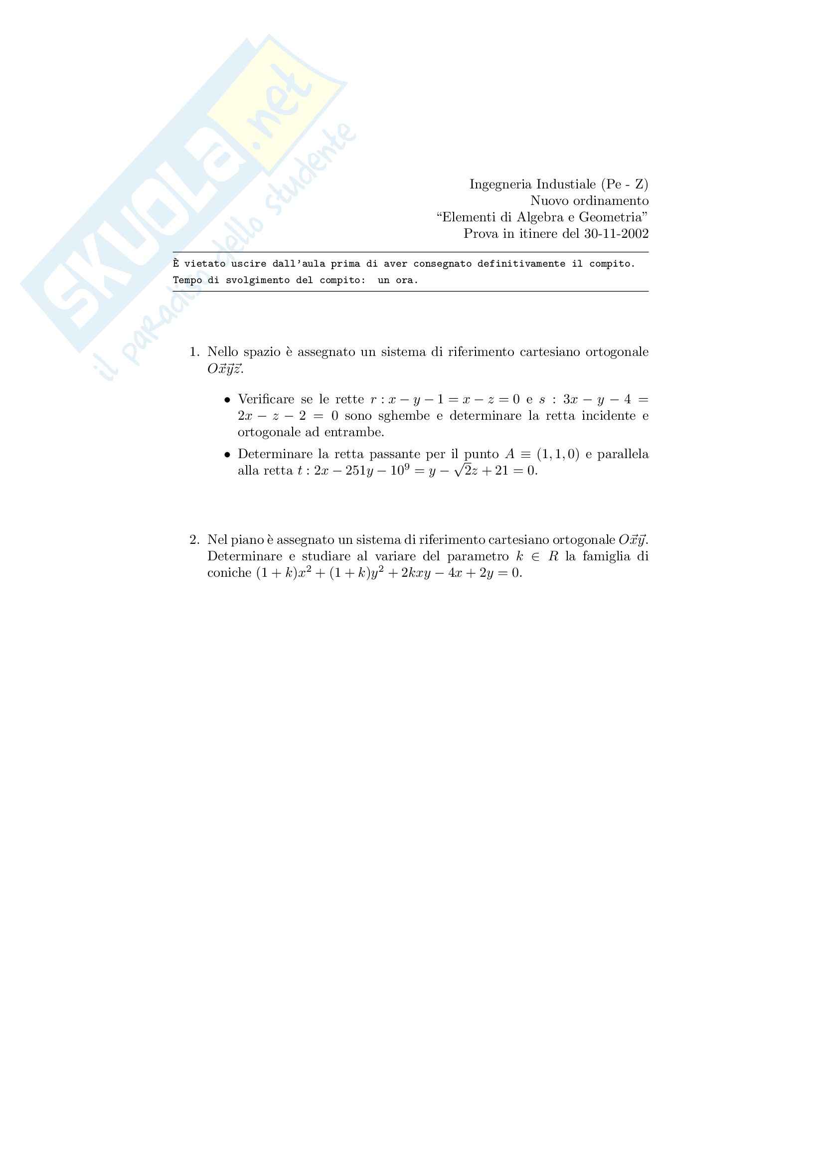 Algebra e geometria - Prova d'esame Pag. 1