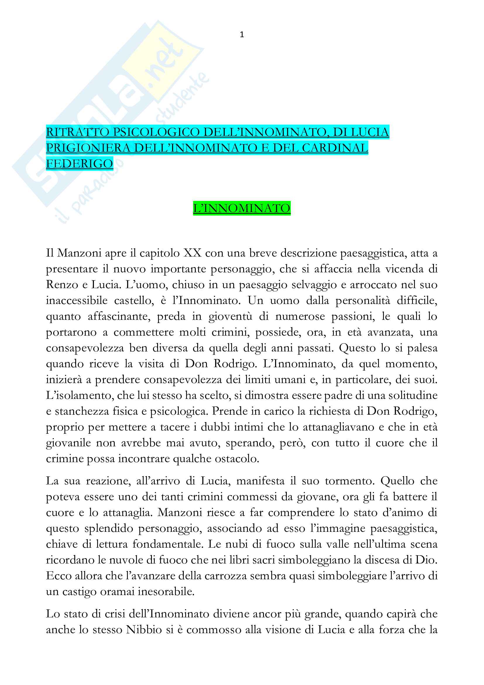 Ritratto psicologico dell'Innominato, Lucia e cardinale Federigo Pag. 1