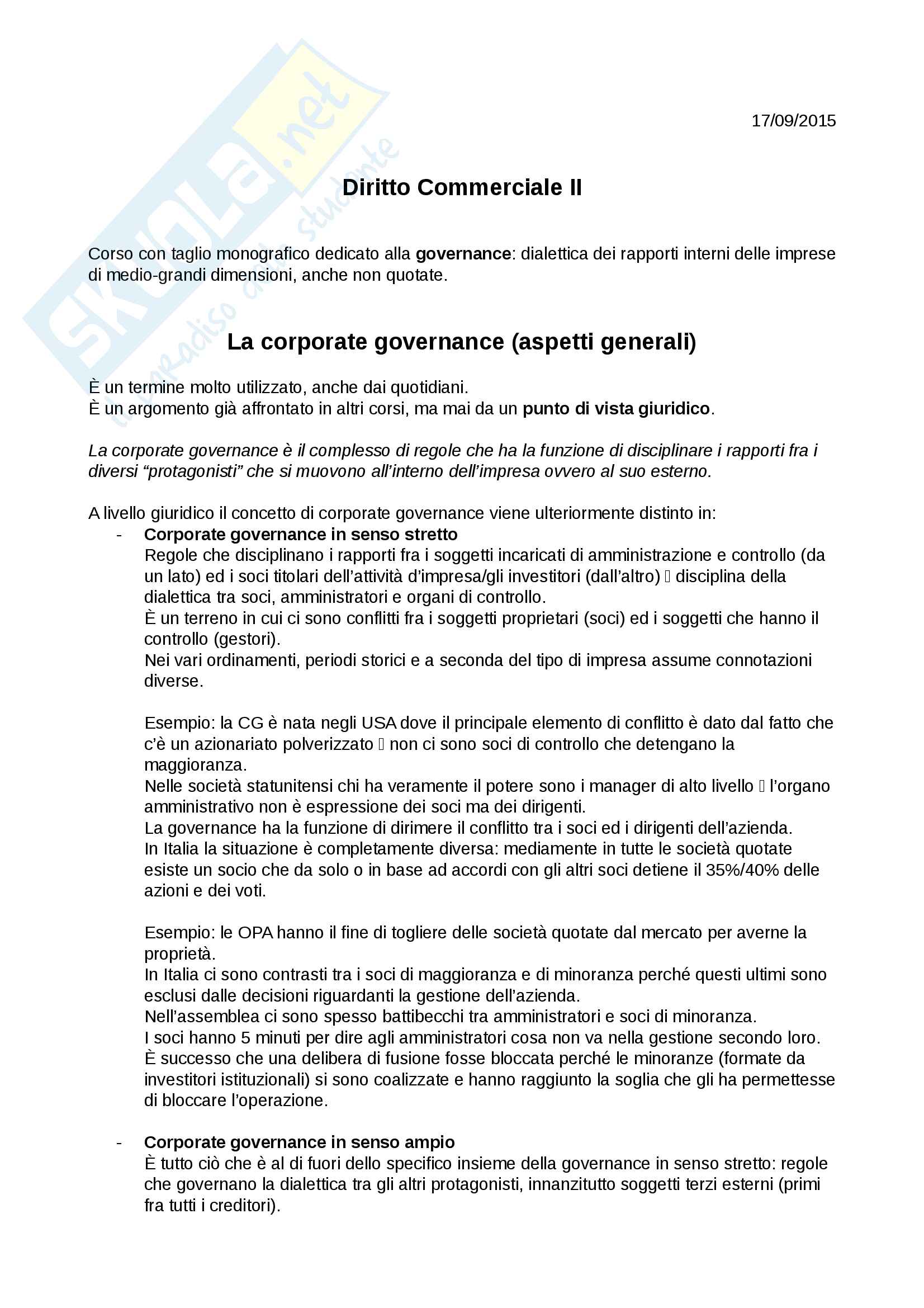 Diritto commerciale (Corporate Governance) Pag. 1