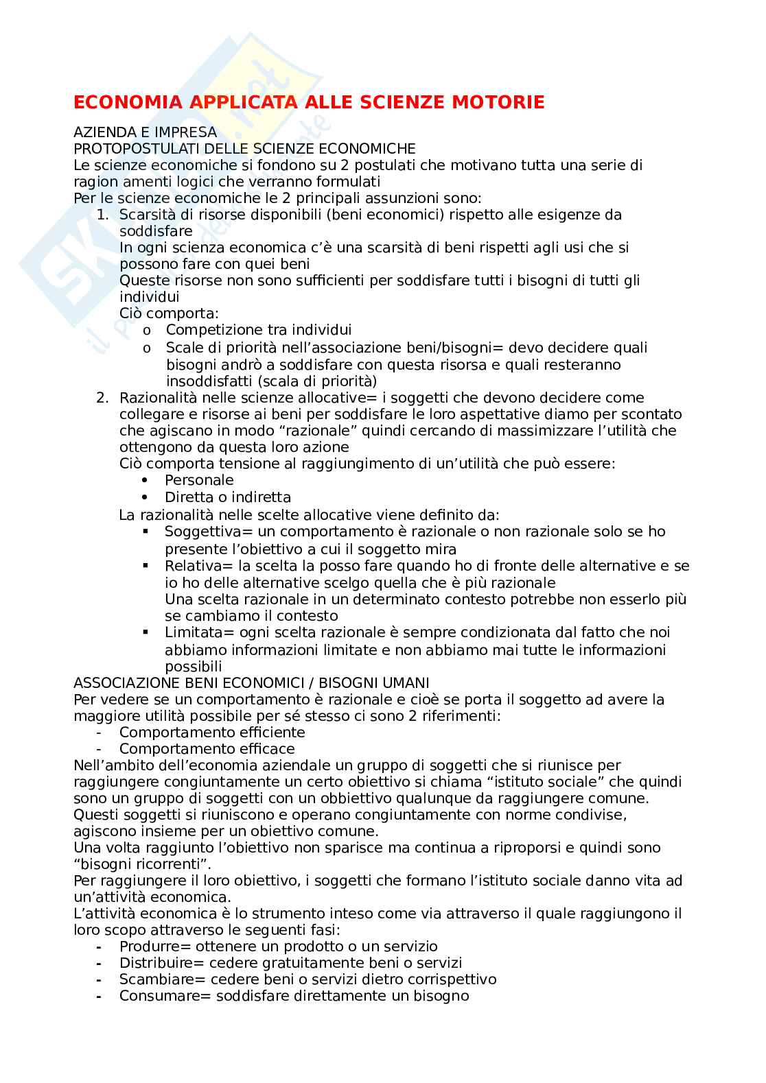 Economia applicata alle scienze motorie  Pag. 1