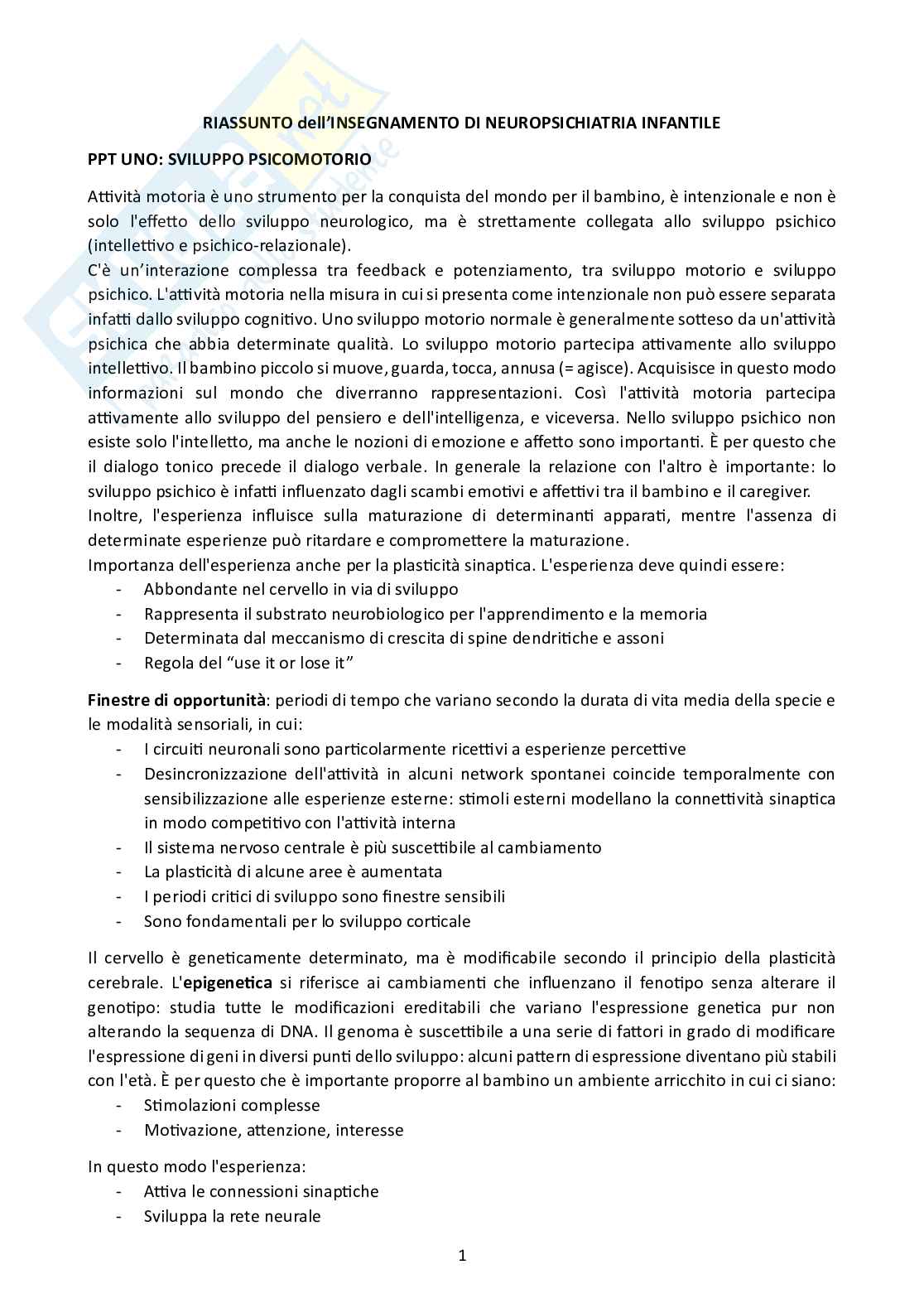 Appunti dell'insegnamento di Neuropsichiatria infantile Pag. 1