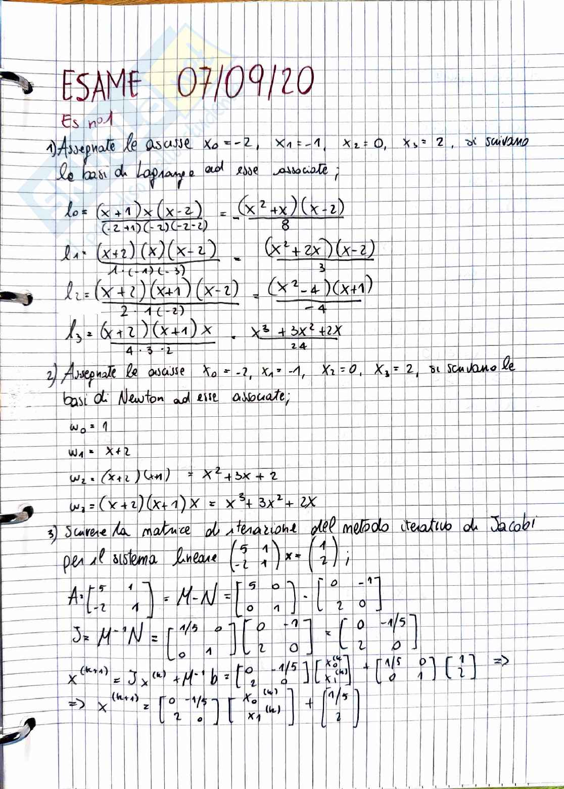Esame Calcolo numerico 7 Settembre 2020 Pag. 1
