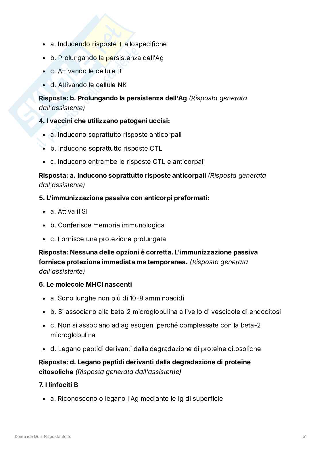 Domande quiz Immunologia e immunopatologia  Pag. 51