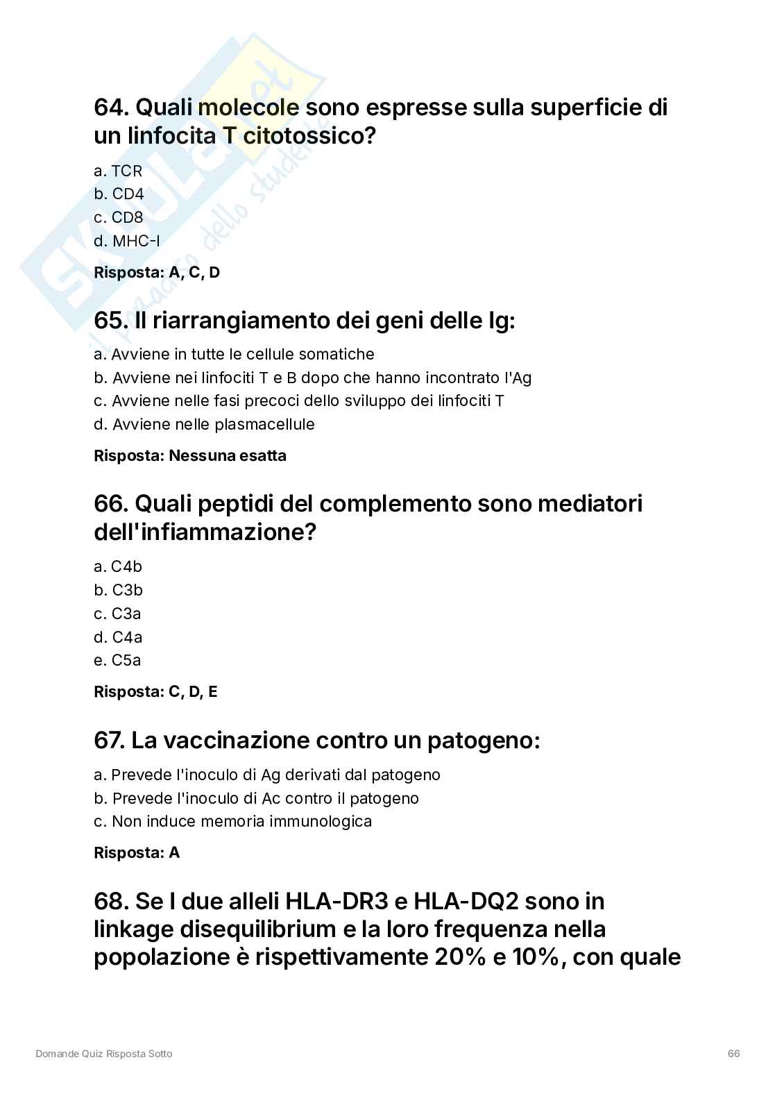 Domande quiz Immunologia e immunopatologia  Pag. 66