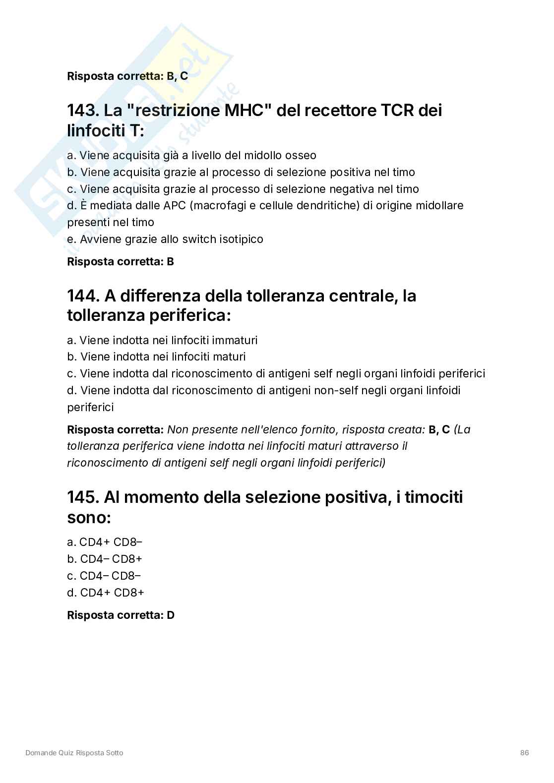 Domande quiz Immunologia e immunopatologia  Pag. 86