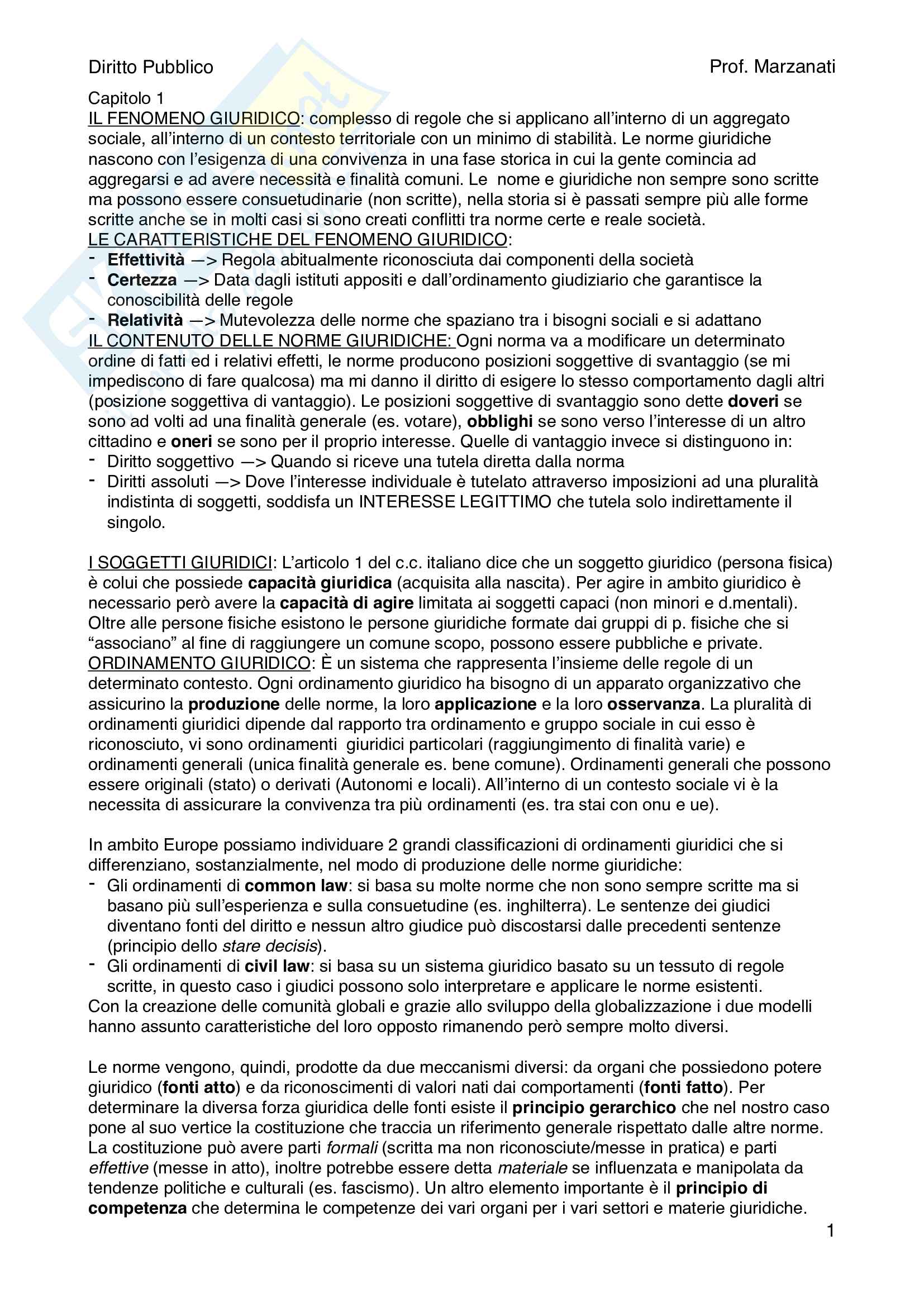 Riassunto esame Diritto Pubblico M, prof. Marzanati, libro consigliato Diritto Pubblico, Caretti, De Siervo Pag. 1