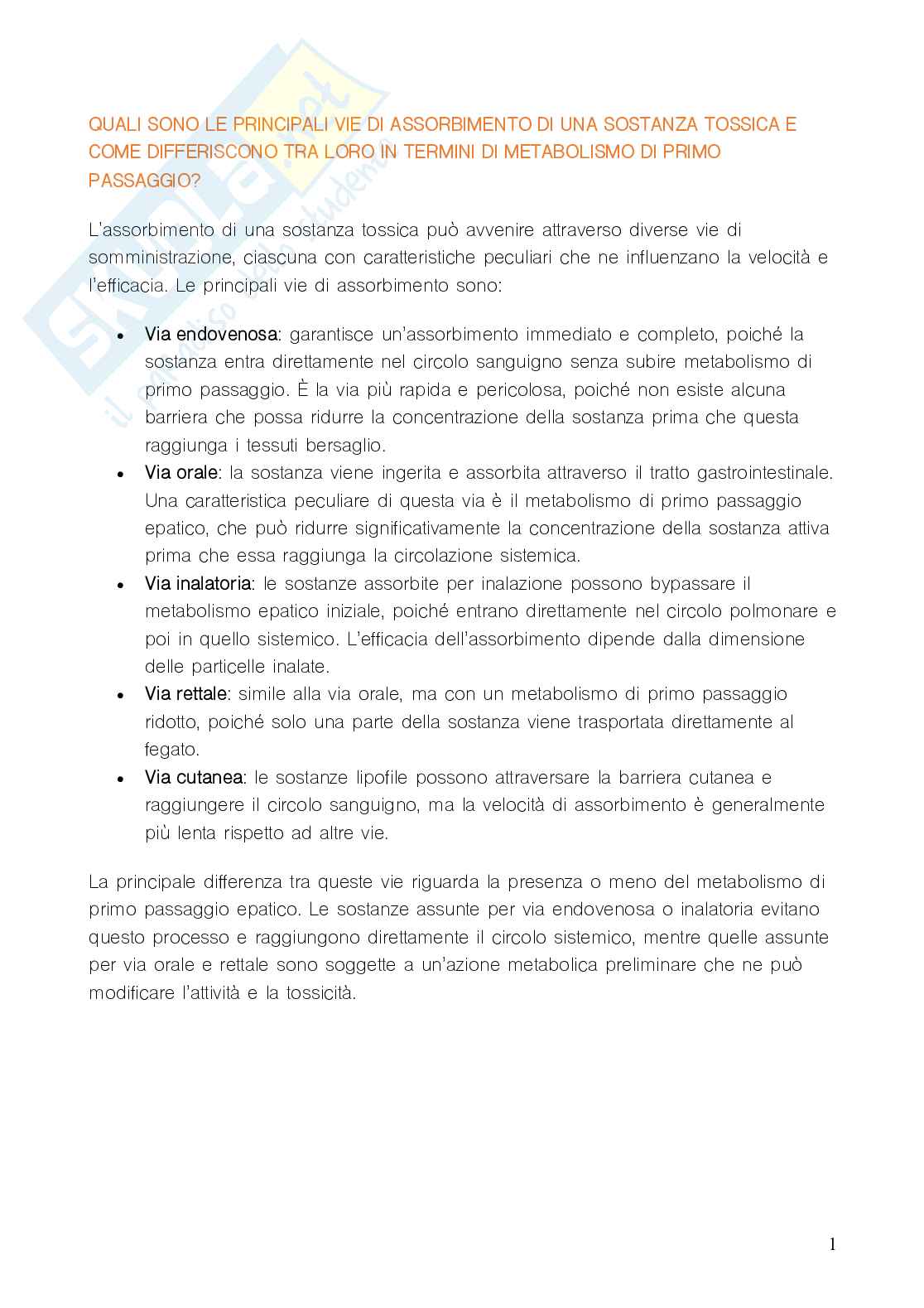 Domande e risposte Tossicologia Pag. 1