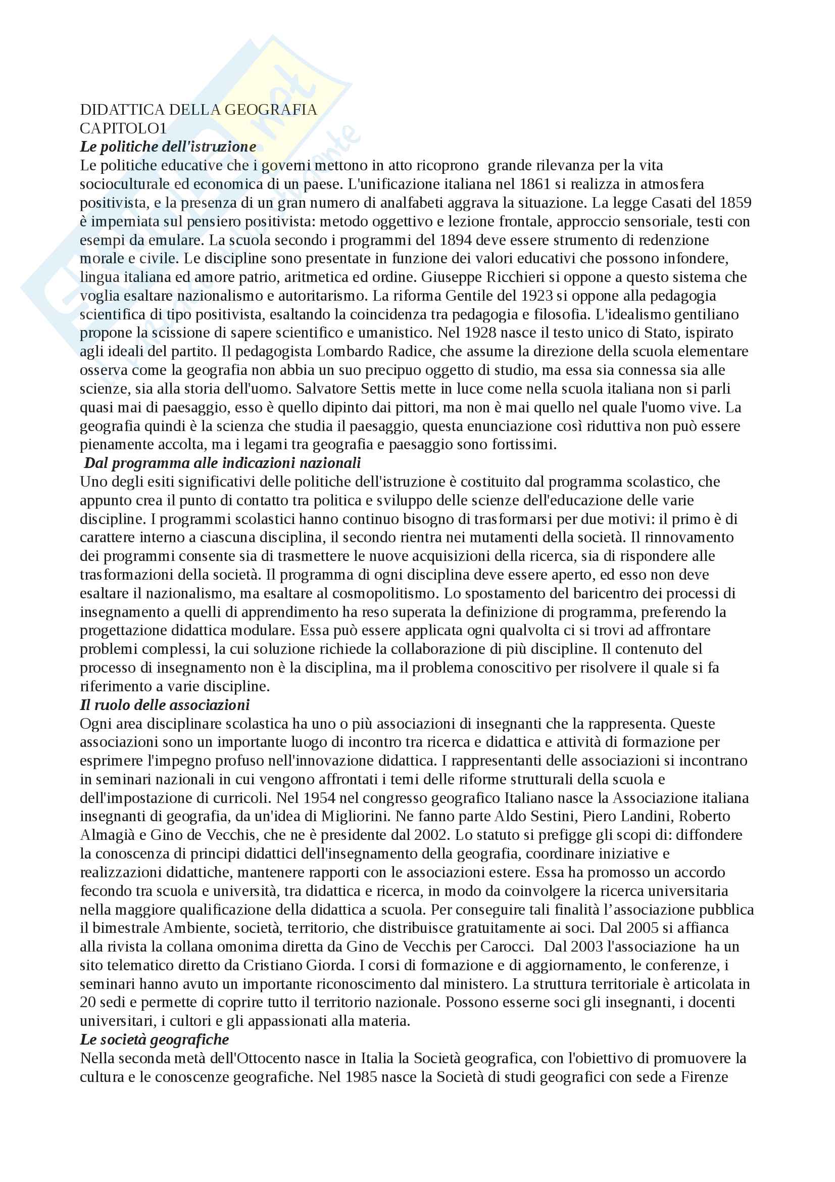 Riassunto esame Geografia, libro consigliato Didattica della geografia Pag. 1