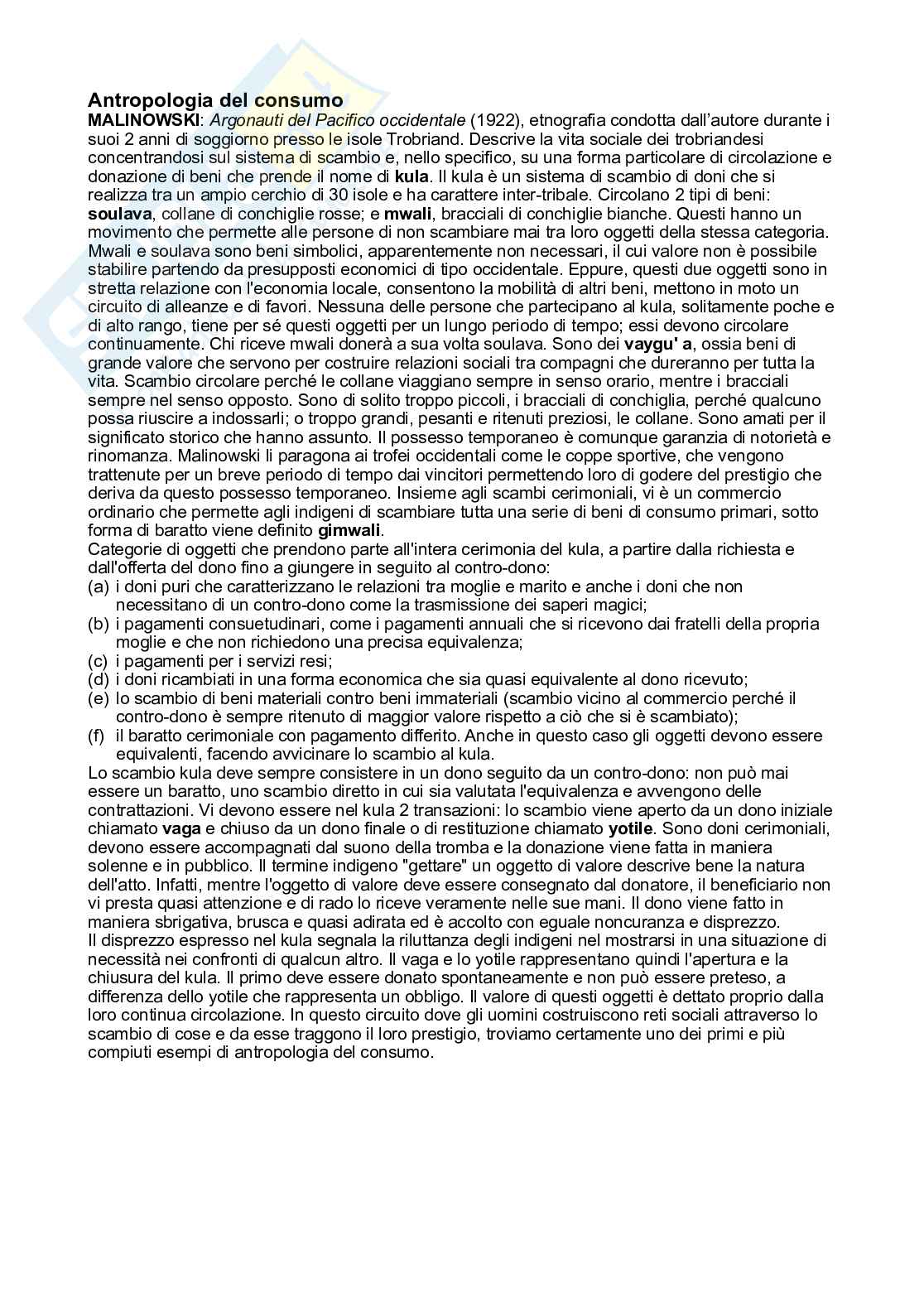 Riassunto esame Sociologia dei consumi, Prof. Pezzoli Silvia, libro consigliato Antropologia del consumo, Meloni Pag. 1