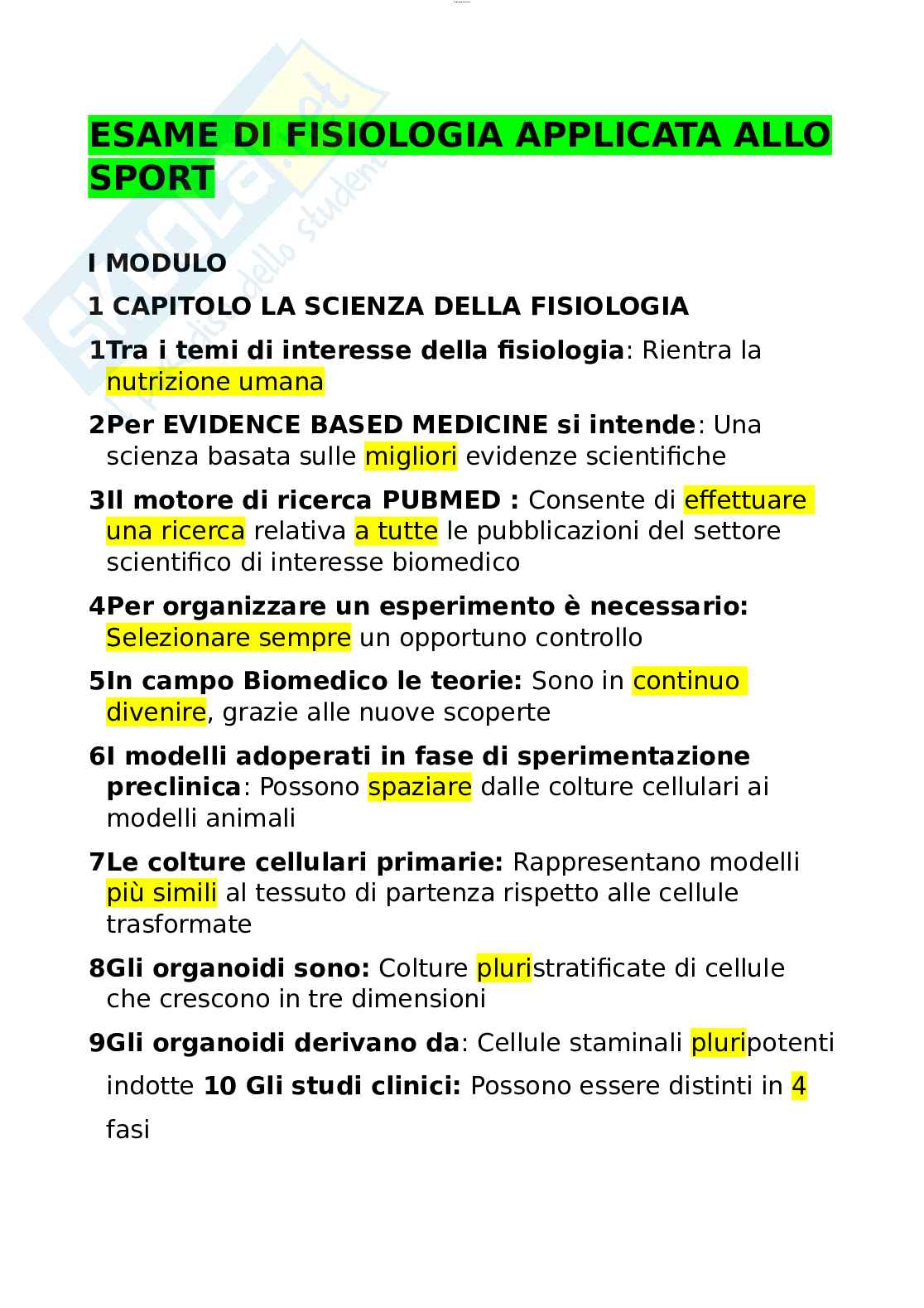 Paniere esame Fisiologia applicata allo sport Pag. 1