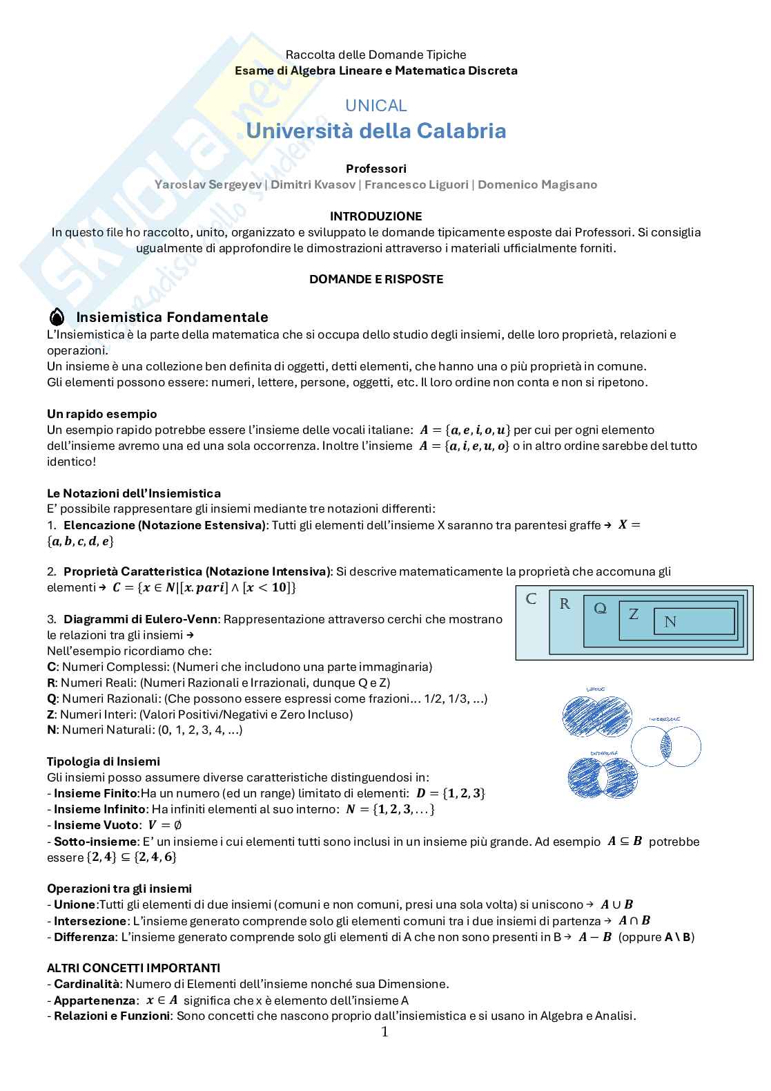 Domande e risposte dai professori per affrontare l'orale di Algebra lineare e matematica discreta Pag. 1