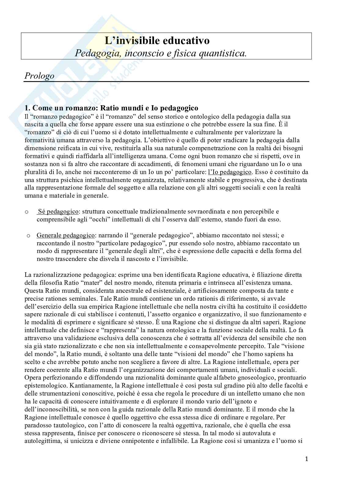 Riassunto esame Pedagogia generale, Prof. Di Nuovo Santo, libro consigliato L'invisibile educativo, Bonetta Pag. 1